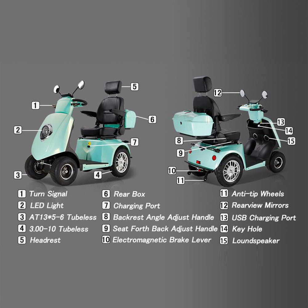 Zvg Heavy Duty 800W 60V/20AH 4-Wheel Elderly Handicap Adult Mobility Power Travel Scooter, 500LBS (SAK95736) - Energize Trek