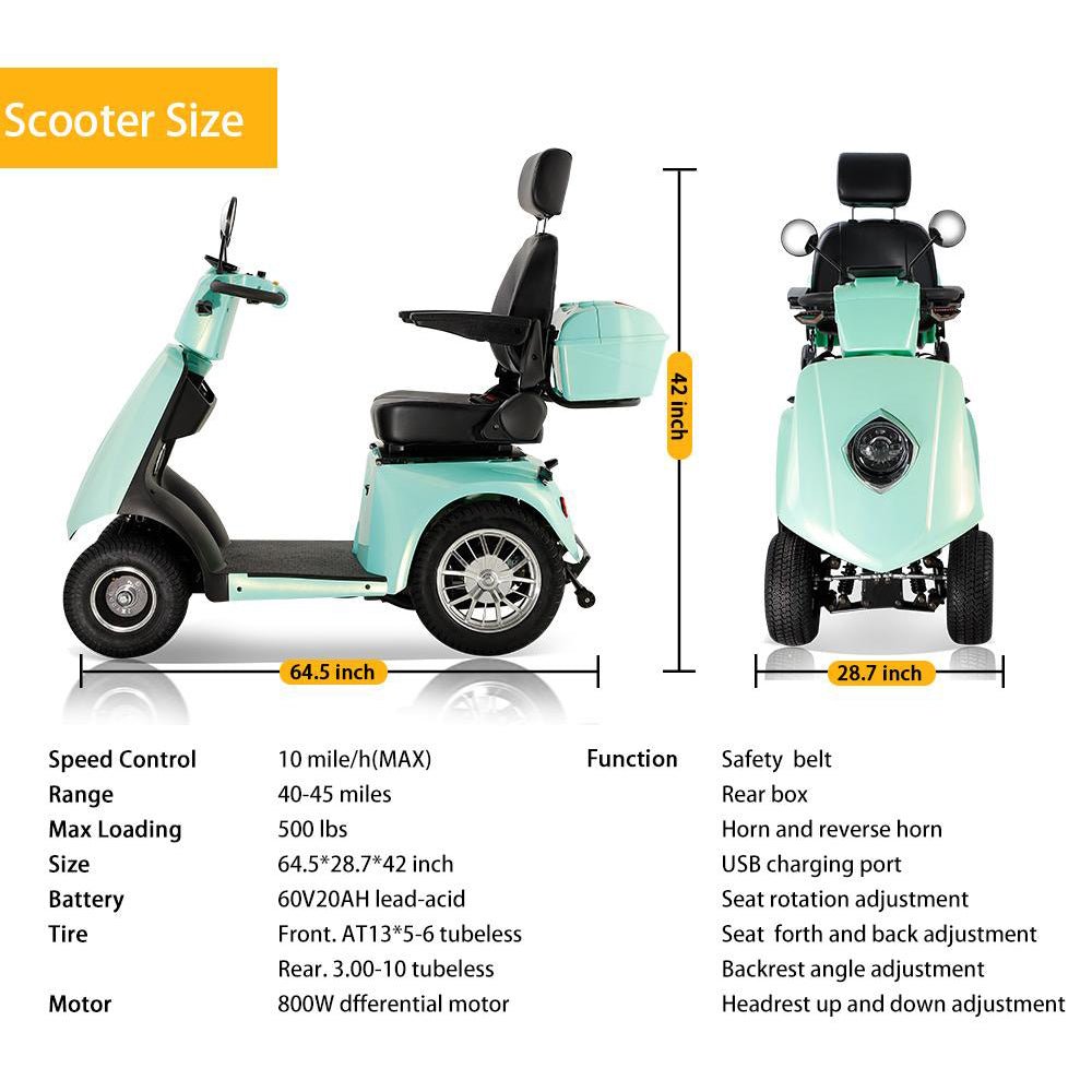 Zvg Heavy Duty 800W 60V/20AH 4-Wheel Elderly Handicap Adult Mobility Power Travel Scooter, 500LBS (SAK95736) - Energize Trek