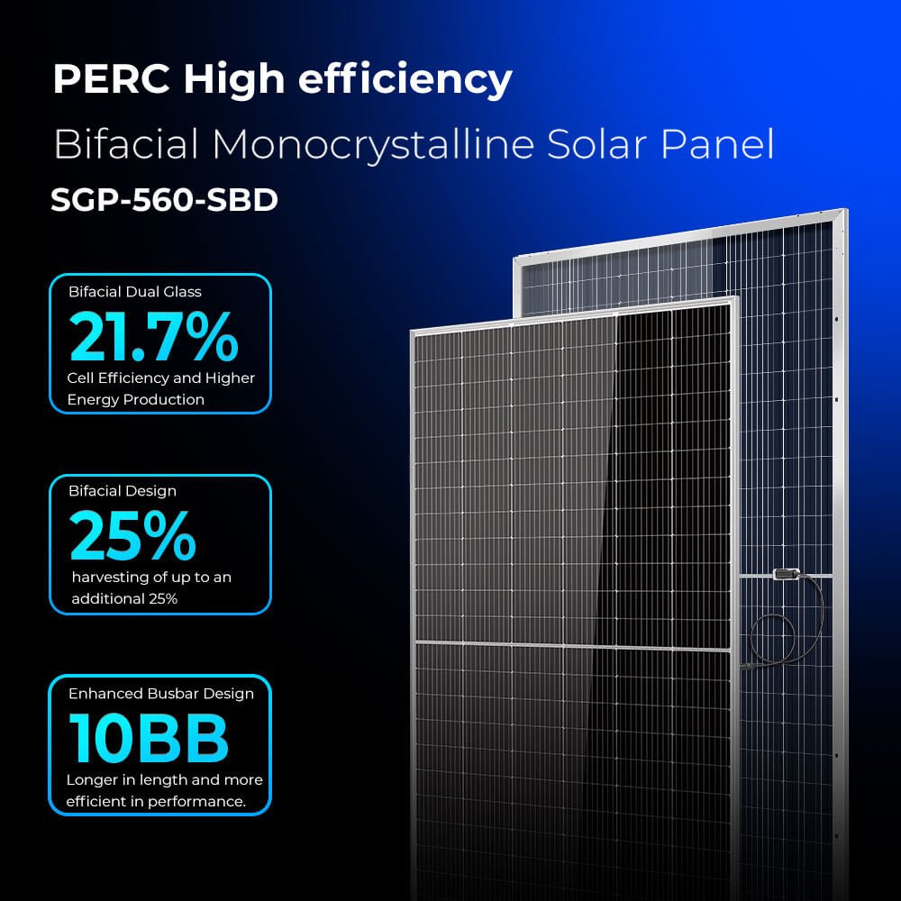 560W Bifacial PERC Solar Panel  | SGP-560-SBD UL61730 - Energize Trek