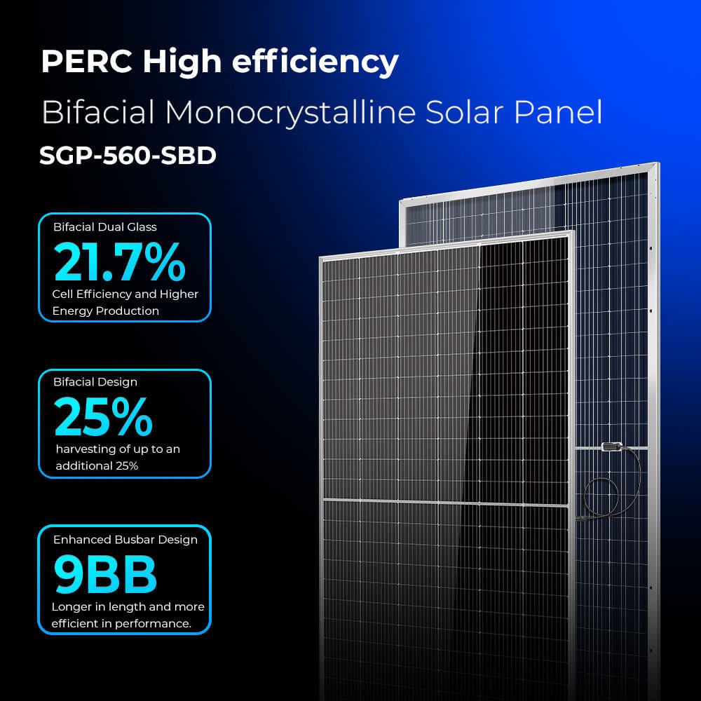 560W Bifacial PERC Solar Panel  | SGP-560-SBD (31 PANELS) UL61730 - Energize Trek