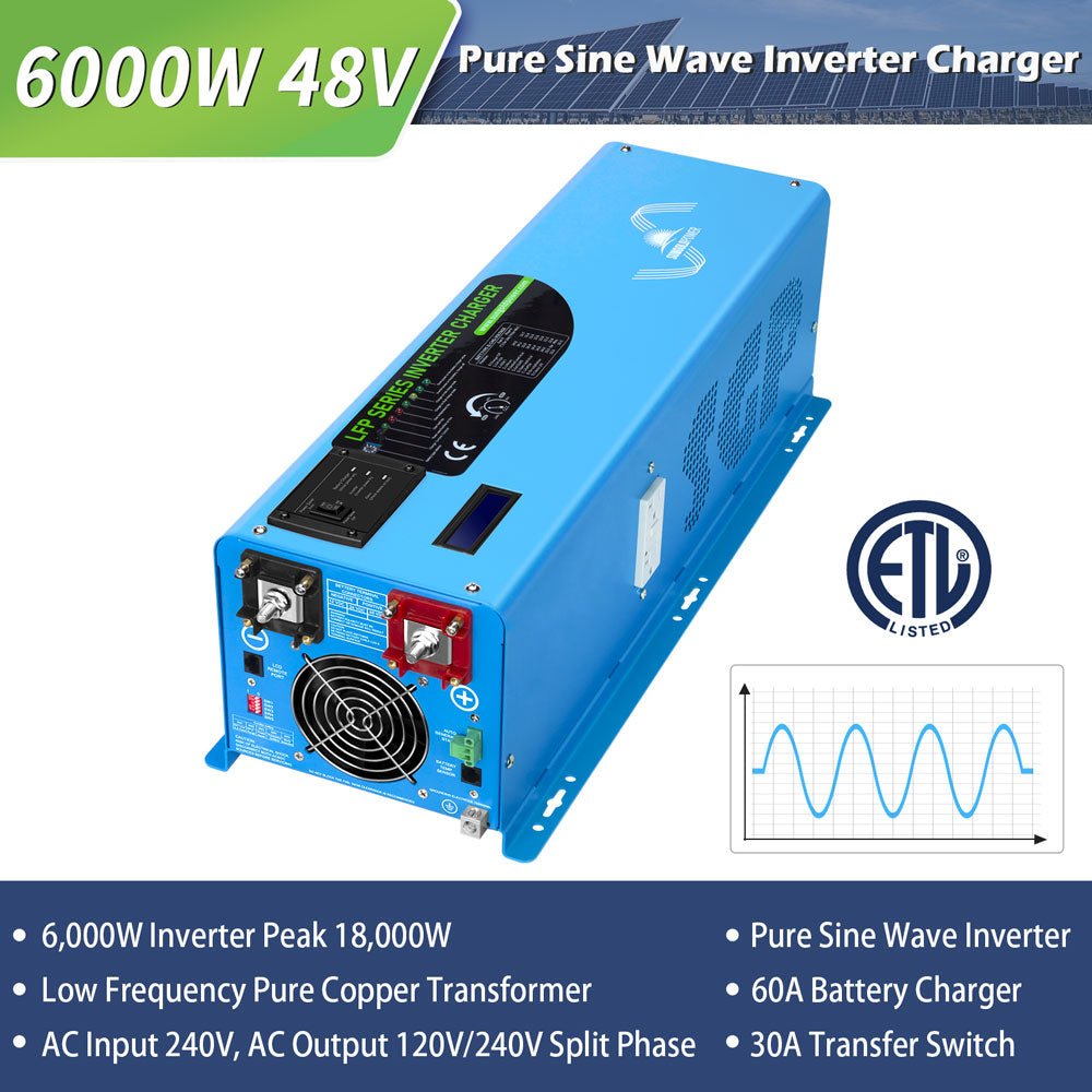 Off Grid Solar Kit 6000W 24/ 48VDC 120V/240V LifePO4 10.24KWH Lithium Battery 6 X 370 Watt Solar Panels SGK-PRO64/ SGK-PRO62 - Energize Trek