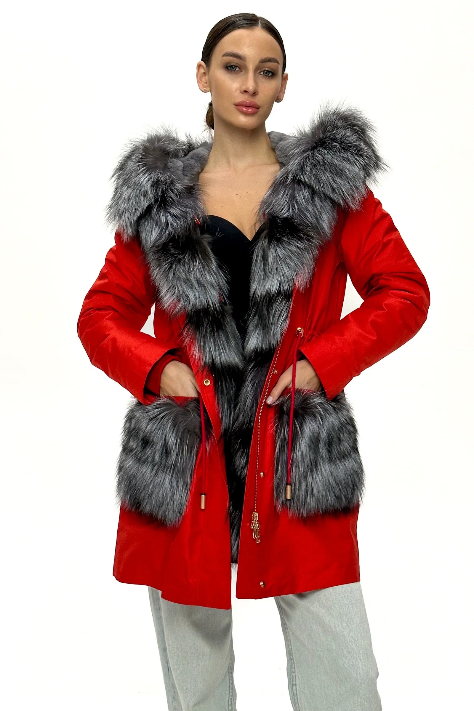 Roma Genuine Silver Fox Fur Rabbit Fur Insulated Parka in Red - Energize Trek