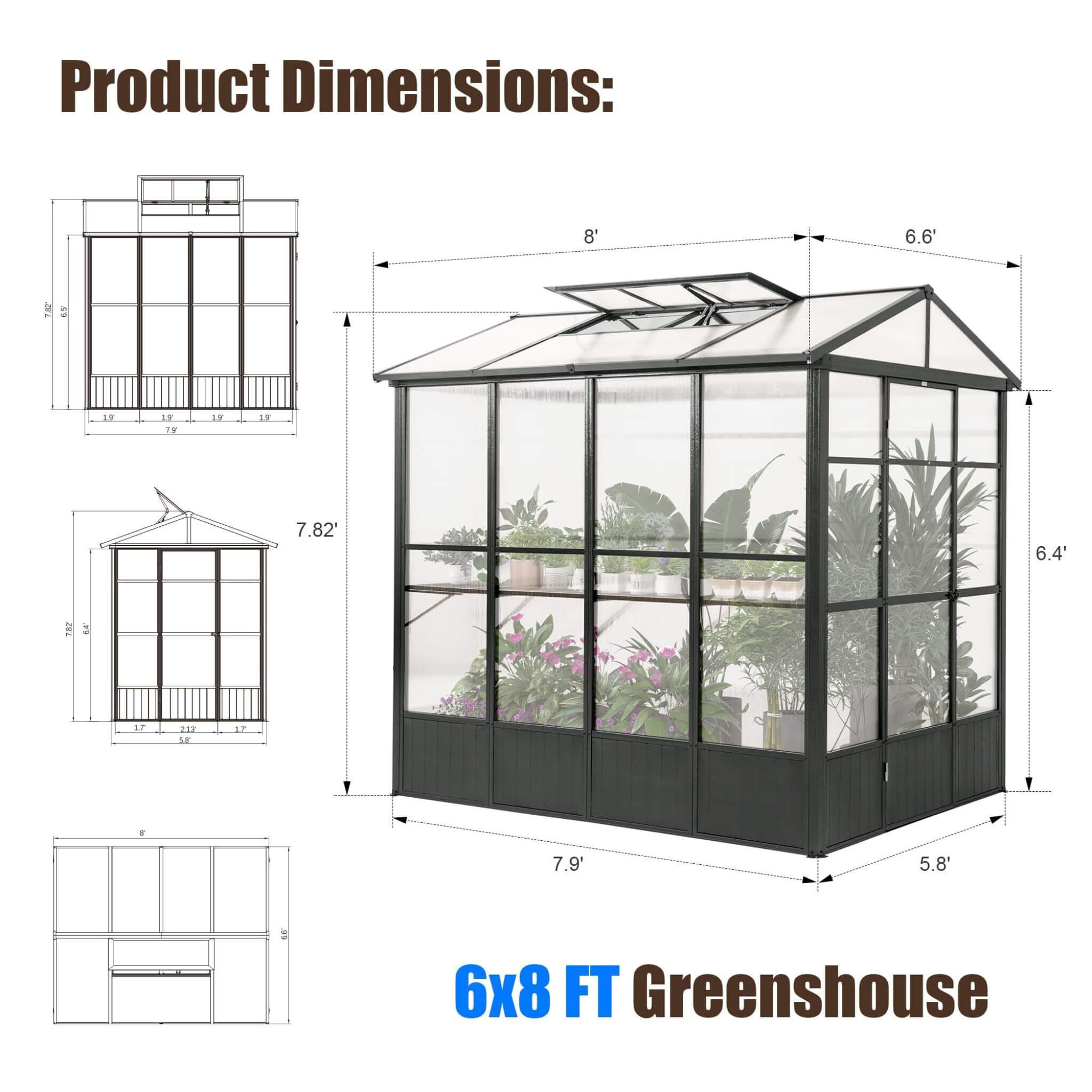 [06X08FT] Heavy Duty Outdoor Polycarbonate Greenhouse With Fully Automatic Temperature Control Vent (SAK51892) - Energize Trek