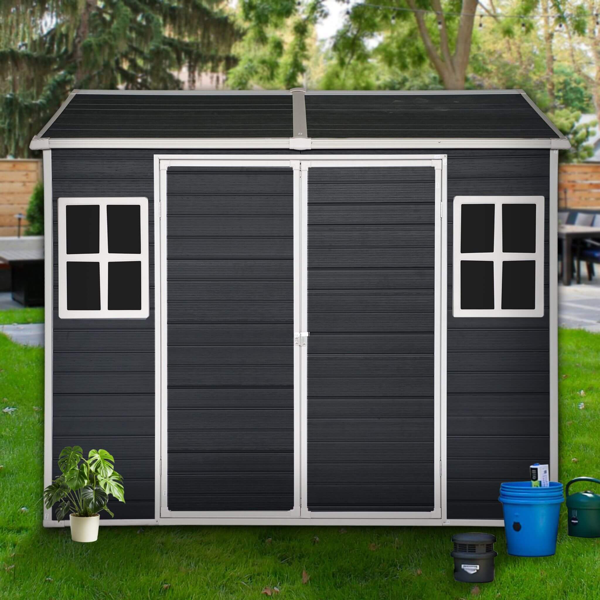 [06x08FT] Outdoor Resin Patio Garden Shed With Floor, 2 Windows, And Lockable Doors (SAK54953) - Energize Trek