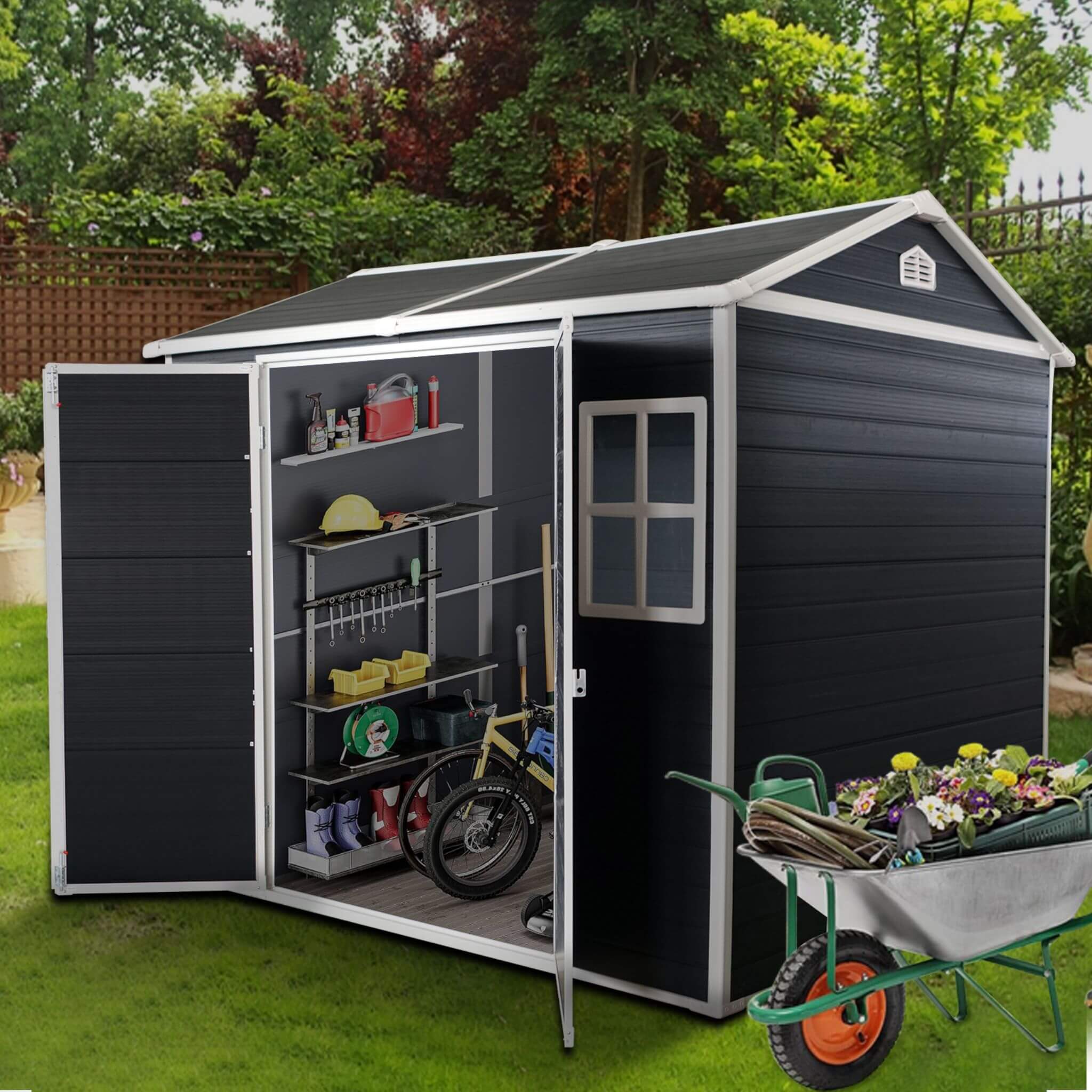 [06x08FT] Outdoor Resin Patio Garden Shed With Floor, 2 Windows, And Lockable Doors (SAK54953) - Energize Trek