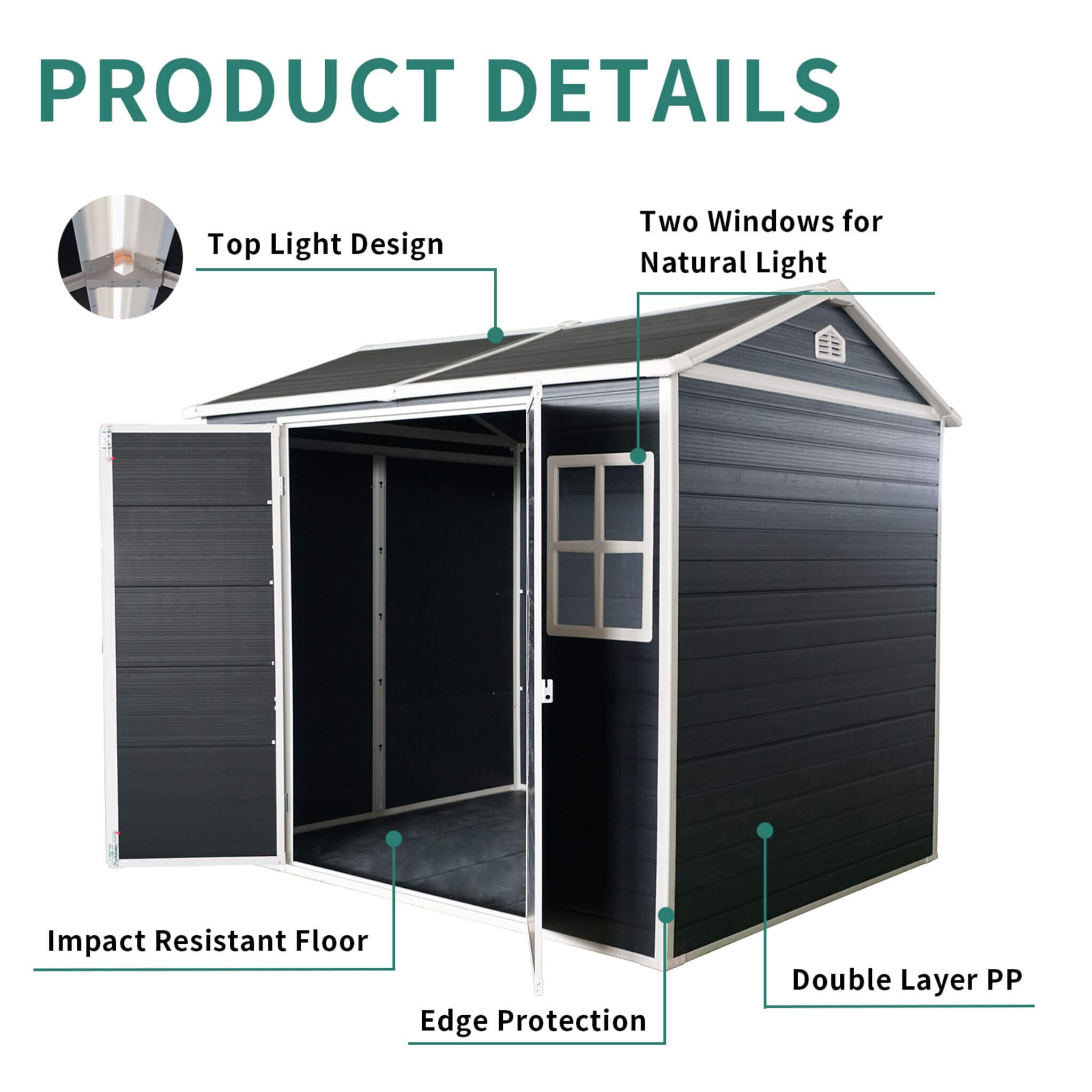 [06x08FT] Outdoor Resin Patio Garden Shed With Floor, 2 Windows, And Lockable Doors (SAK54953) - Energize Trek