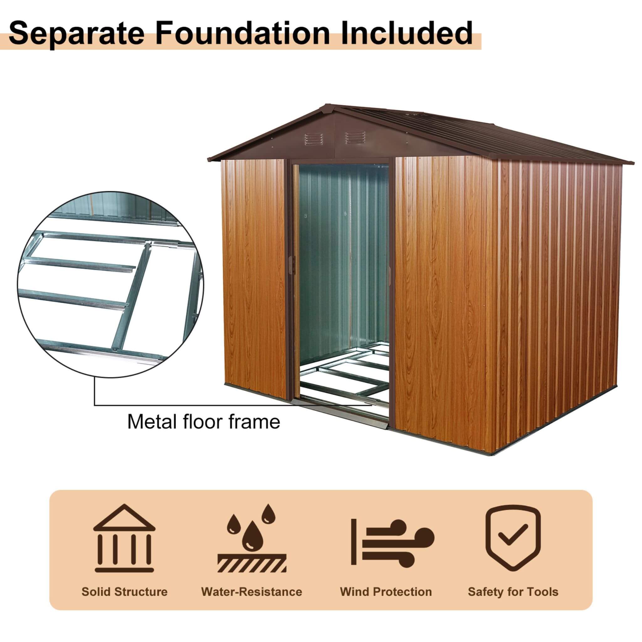 [06X08FT] Premium Outdoor Metal Storage Shed With Metal Floor Frame (SAK95204) - Energize Trek