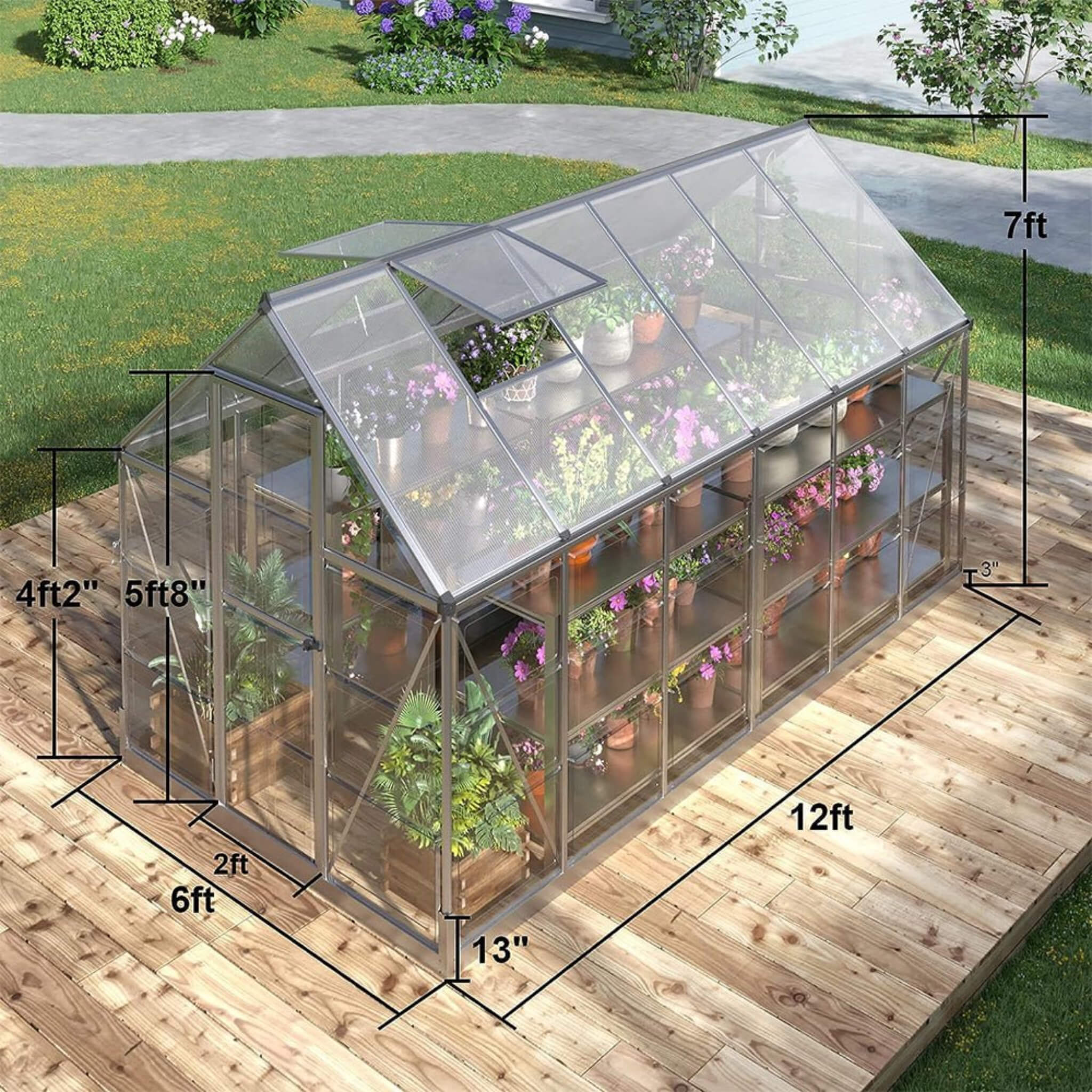 [06x12FT] Heavy Duty Outdoor Aluminum Polycarbonate Walk-In Greenhouse With Lockable Hinged Door (SAK85247) - Energize Trek
