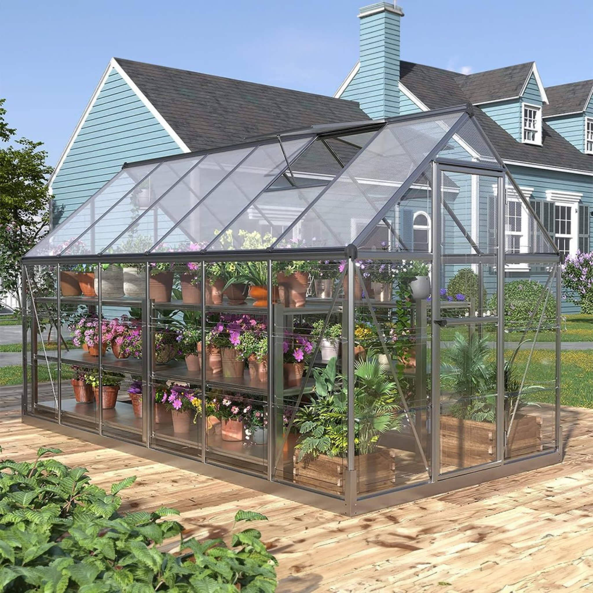 [06x12FT] Heavy Duty Outdoor Aluminum Polycarbonate Walk-In Greenhouse With Lockable Hinged Door (SAK85247) - Energize Trek