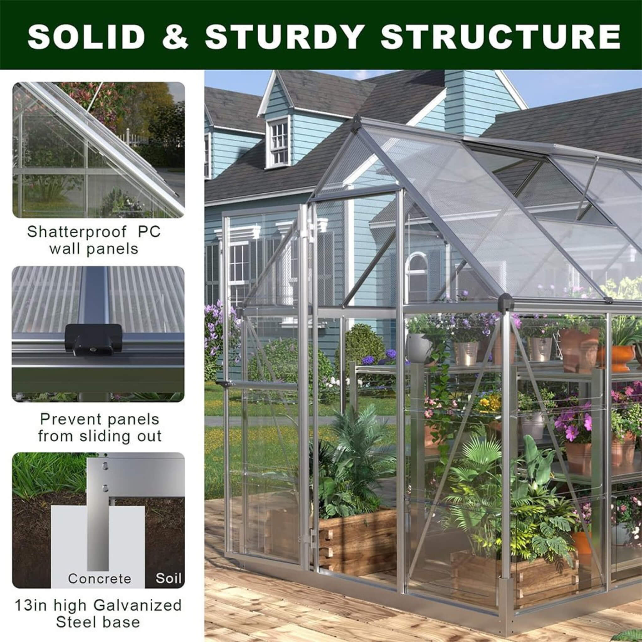 [06x12FT] Heavy Duty Outdoor Aluminum Polycarbonate Walk-In Greenhouse With Lockable Hinged Door (SAK85247) - Energize Trek