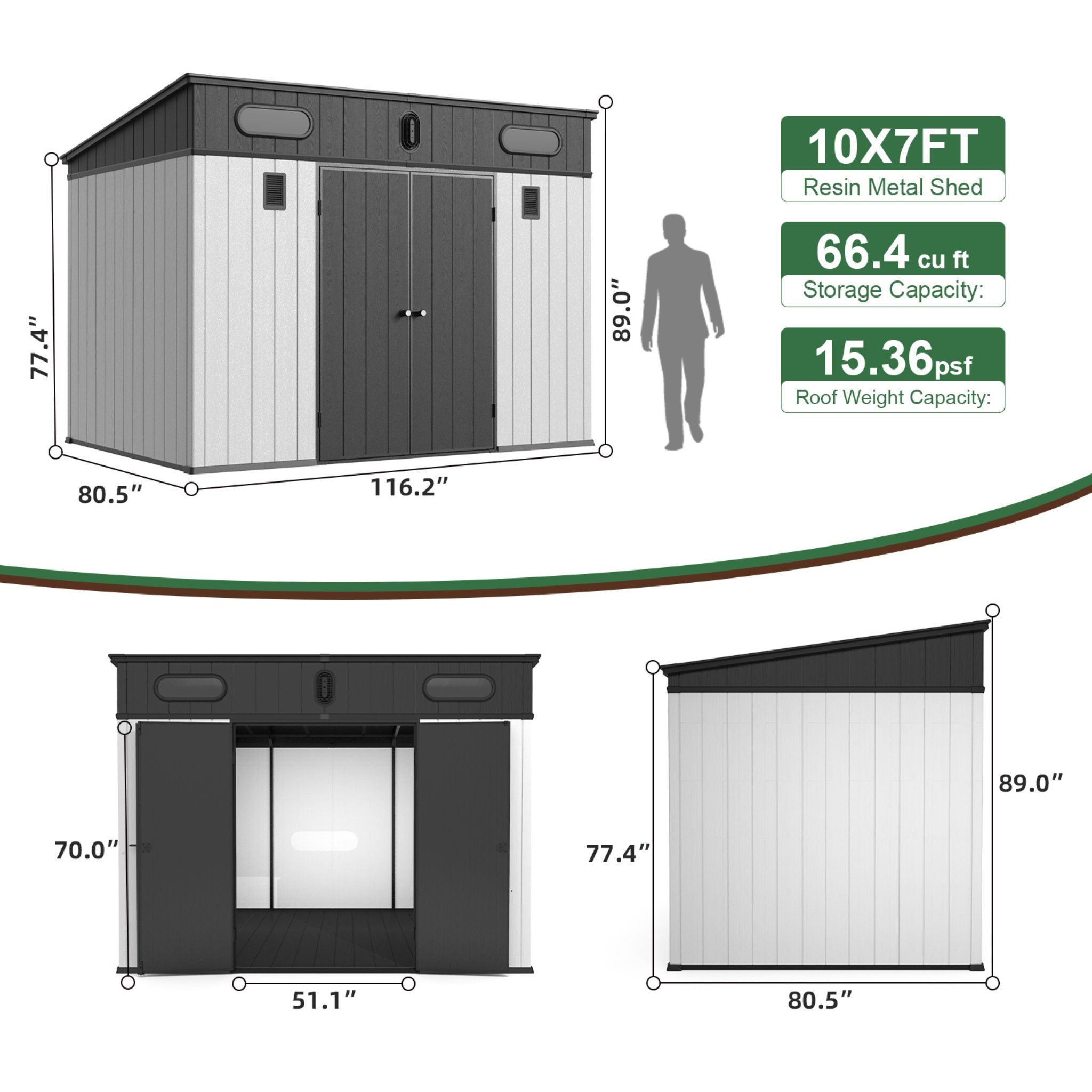 [07X10FT] Heavy Duty Weather-Resistant Polypropylene Storage Shed With Floor And Reinforced Steel Frame (SAK67455) - Energize Trek