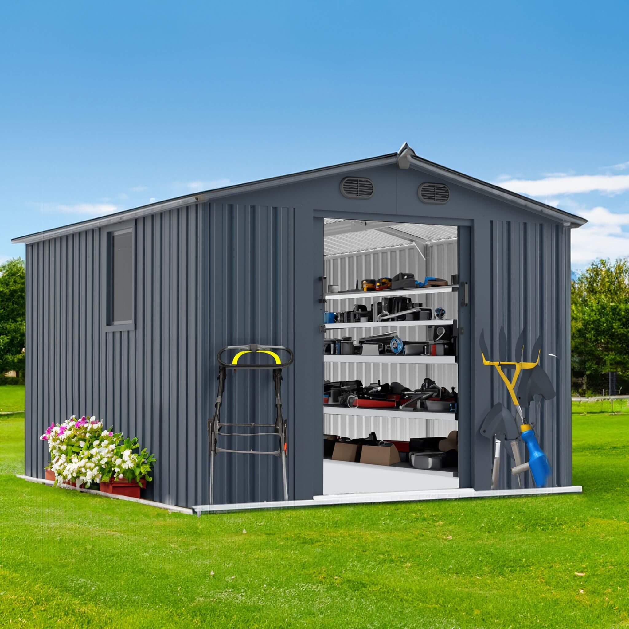 [08x10FT] Large Outdoor Metal Storage Tool Shed With Window And Lockable Doors (SAK32987) - Energize Trek