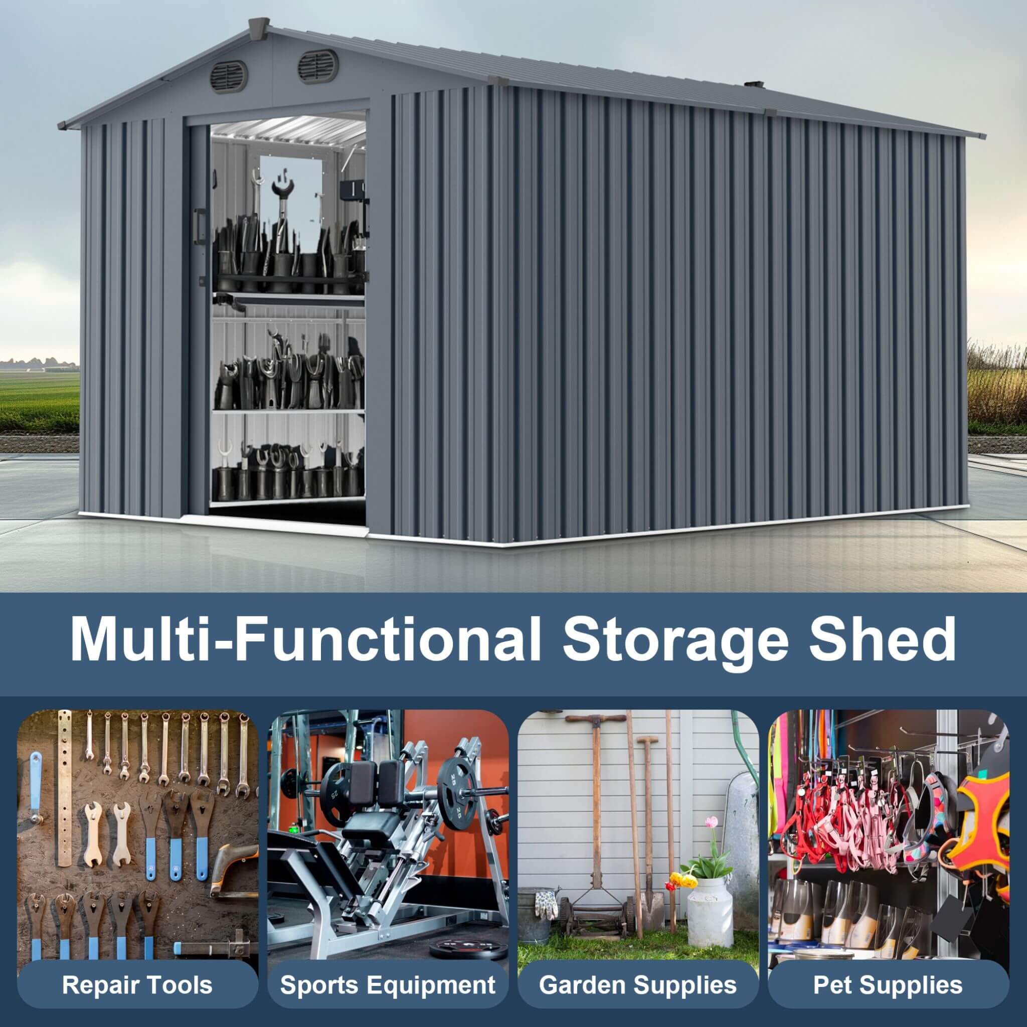 [08x10FT] Large Outdoor Metal Storage Tool Shed With Window And Lockable Doors (SAK32987) - Energize Trek