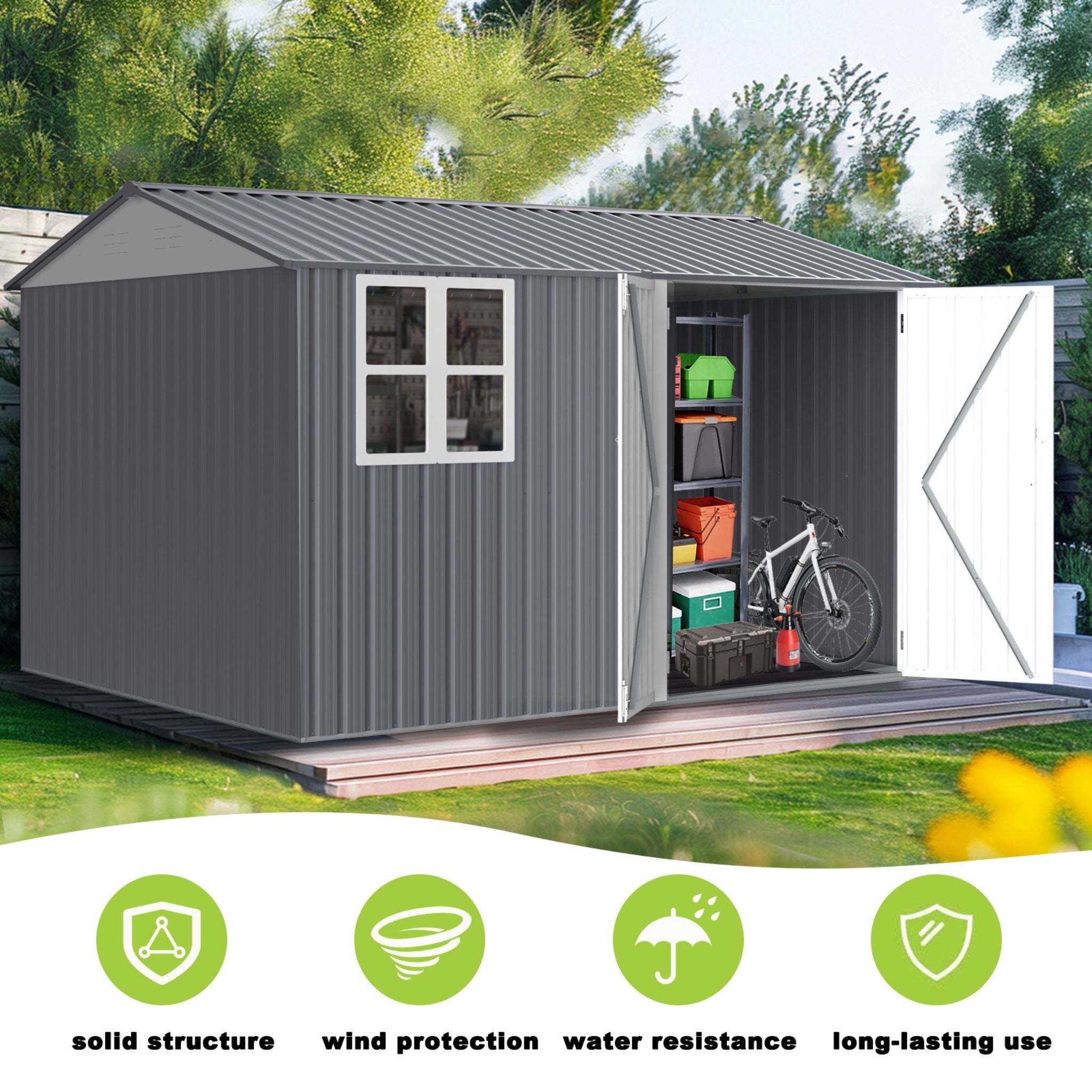 [08X10FT] Outdoor Garden Tool Shed With Thickened Galvanized Steel, Sloped Roof, Vents And Double Lockable Doors (SAK66582) - Energize Trek
