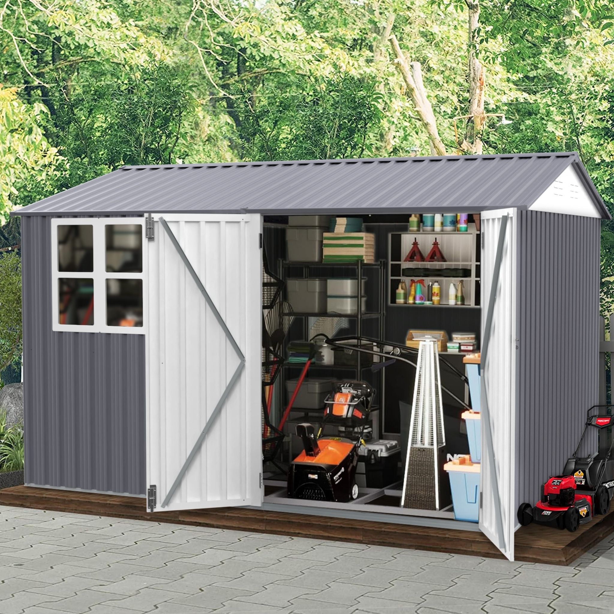 [08X10FT] Outdoor Garden Tool Shed With Thickened Galvanized Steel, Sloped Roof, Vents And Double Lockable Doors (SAK66582) - Energize Trek