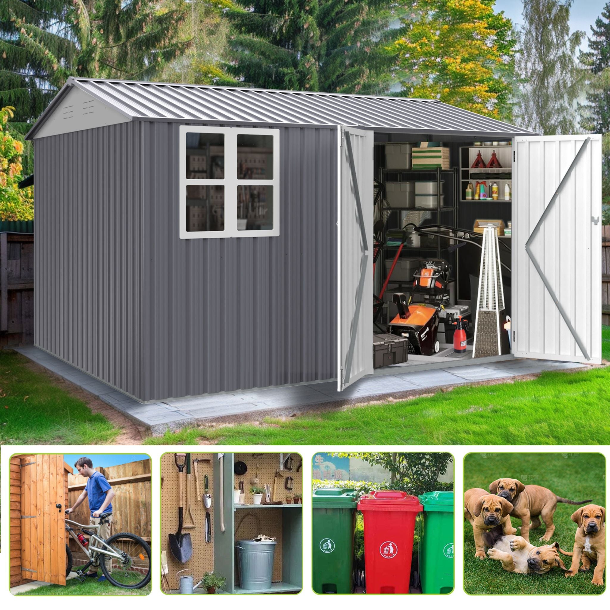 [08X10FT] Outdoor Garden Tool Shed With Thickened Galvanized Steel, Sloped Roof, Vents And Double Lockable Doors (SAK66582) - Energize Trek