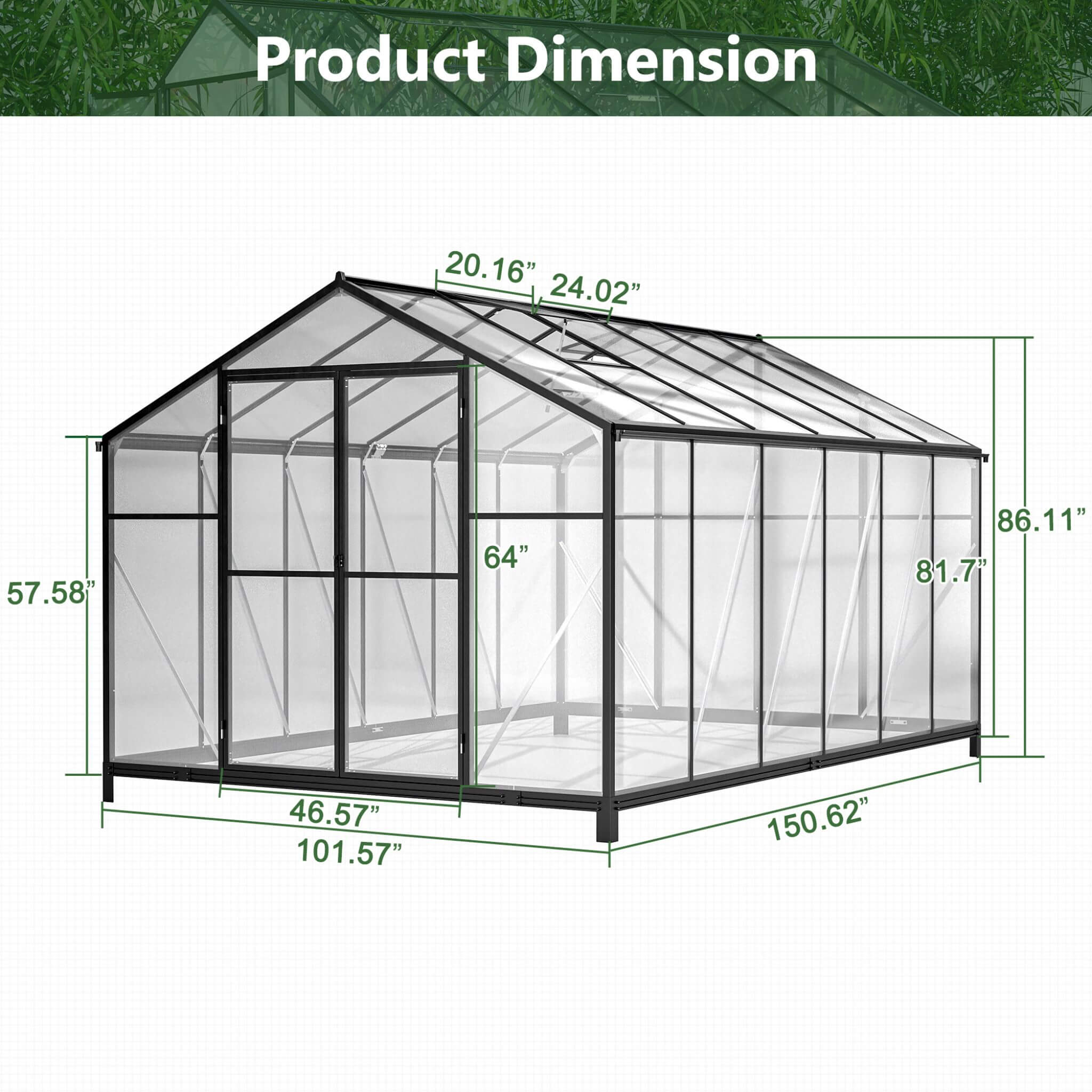 [08X12FT] Large Outdoor Heavy Duty Polycarbonate Walk-In Greenhouse With Double Swing Doors And Two Ventilation Windows (SAK73651) - Energize Trek