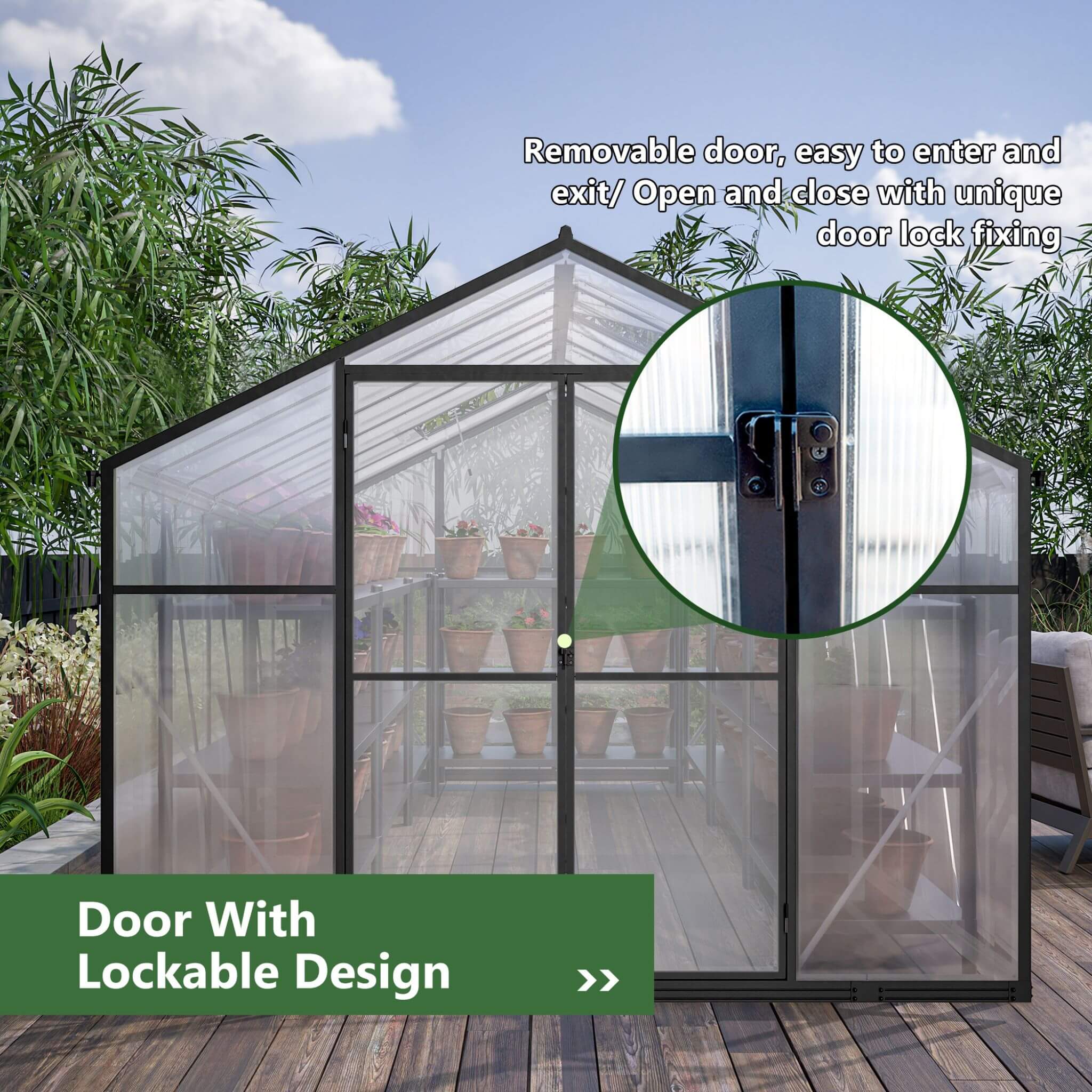[08X12FT] Large Outdoor Heavy Duty Polycarbonate Walk-In Greenhouse With Double Swing Doors And Two Ventilation Windows (SAK73651) - Energize Trek