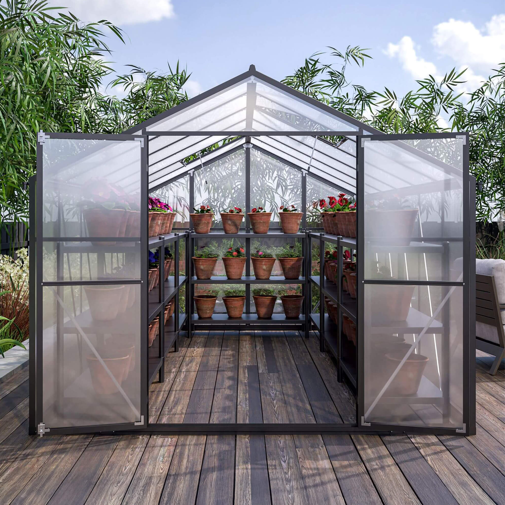 [08X12FT] Large Outdoor Heavy Duty Polycarbonate Walk-In Greenhouse With Double Swing Doors And Two Ventilation Windows (SAK73651) - Energize Trek