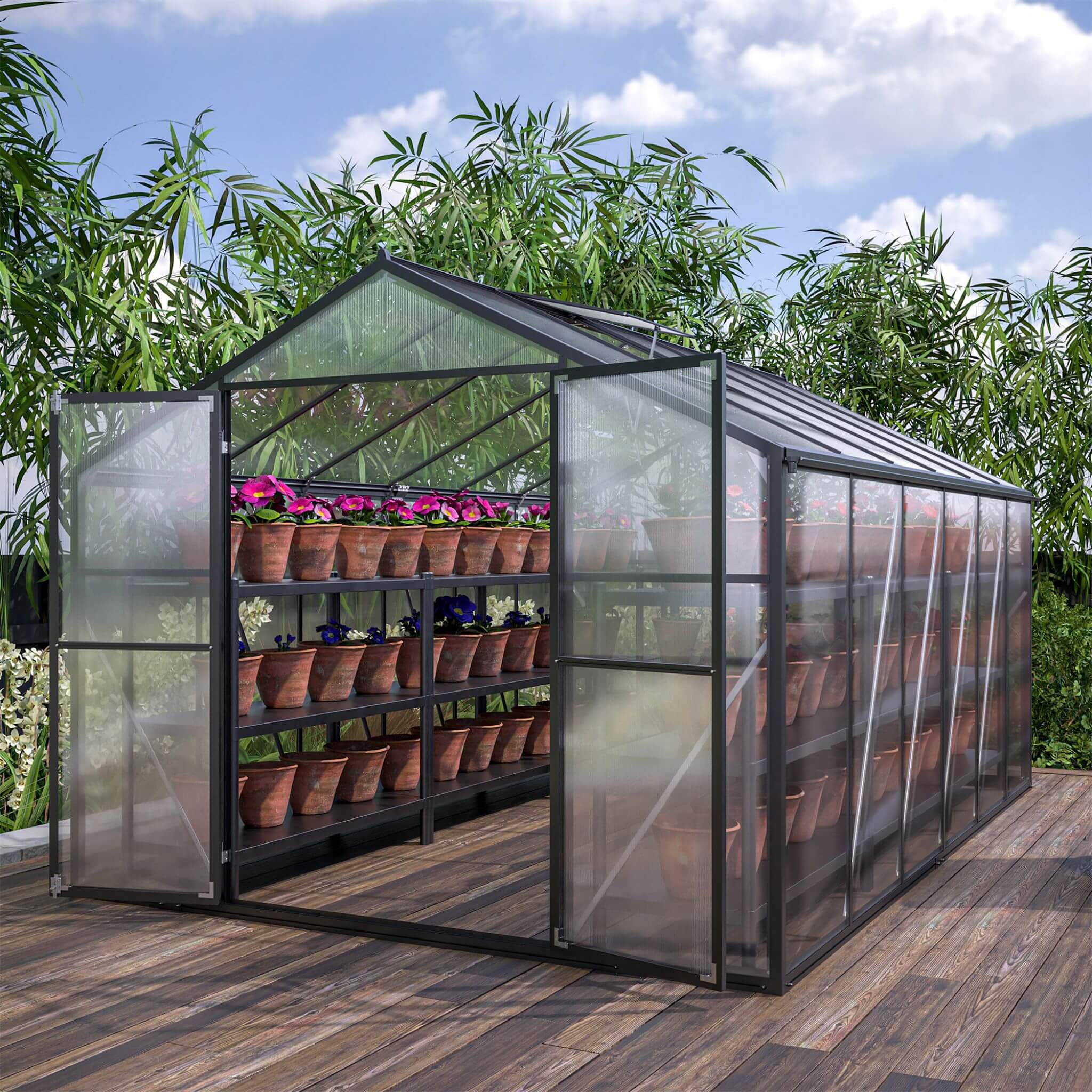 [08X12FT] Large Outdoor Heavy Duty Polycarbonate Walk-In Greenhouse With Double Swing Doors And Two Ventilation Windows (SAK73651) - Energize Trek