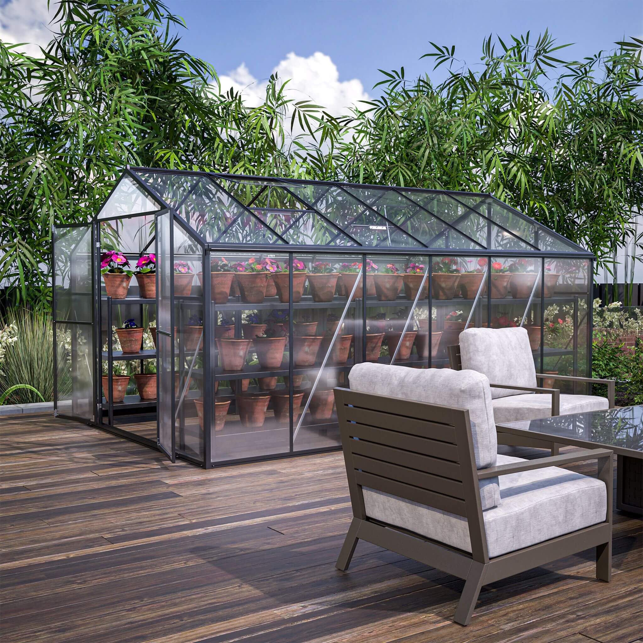 [08X12FT] Large Outdoor Heavy Duty Polycarbonate Walk-In Greenhouse With Double Swing Doors And Two Ventilation Windows (SAK73651) - Energize Trek