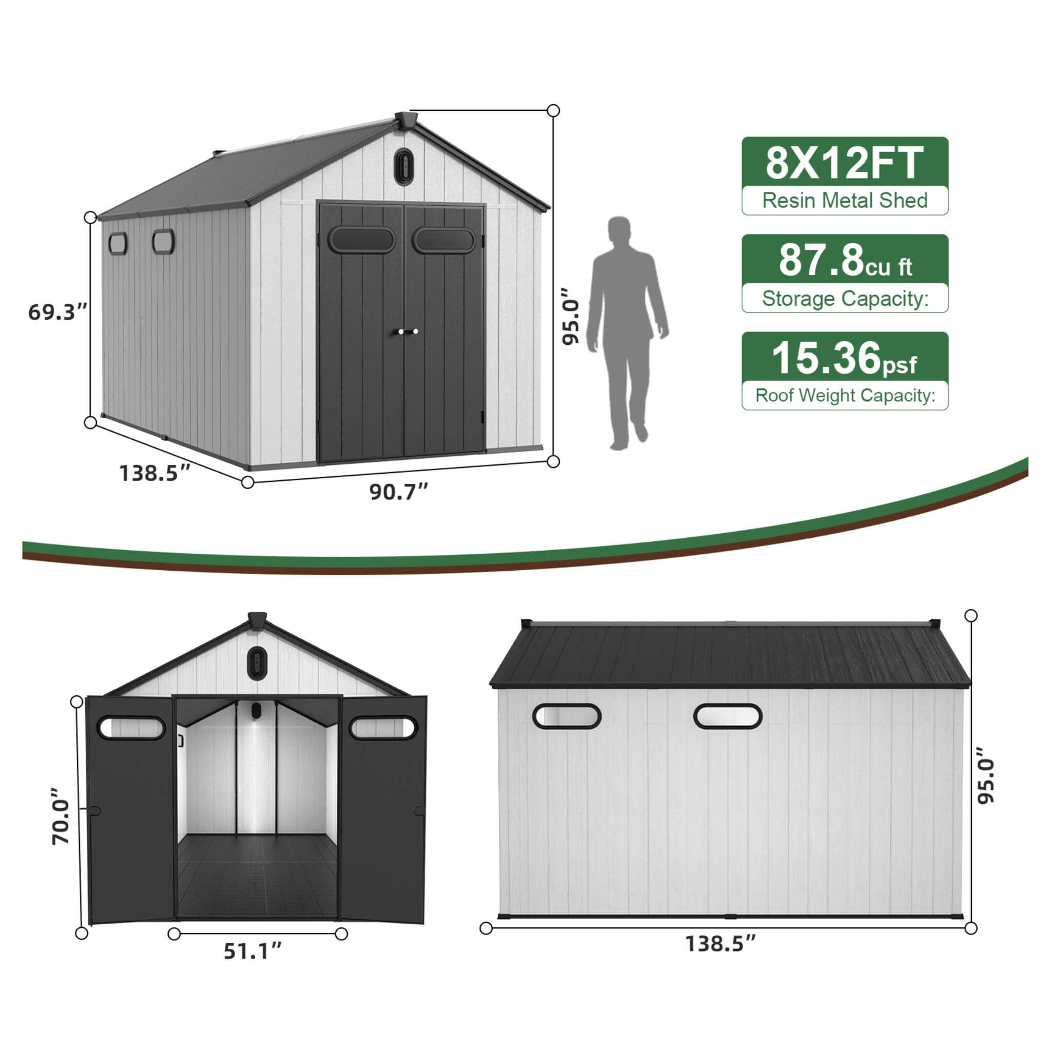 [08X12FT] Large Polypropylene Storage Shed With Reinforced Floor And Lockable Swing Doors (SAK07451) - Energize Trek