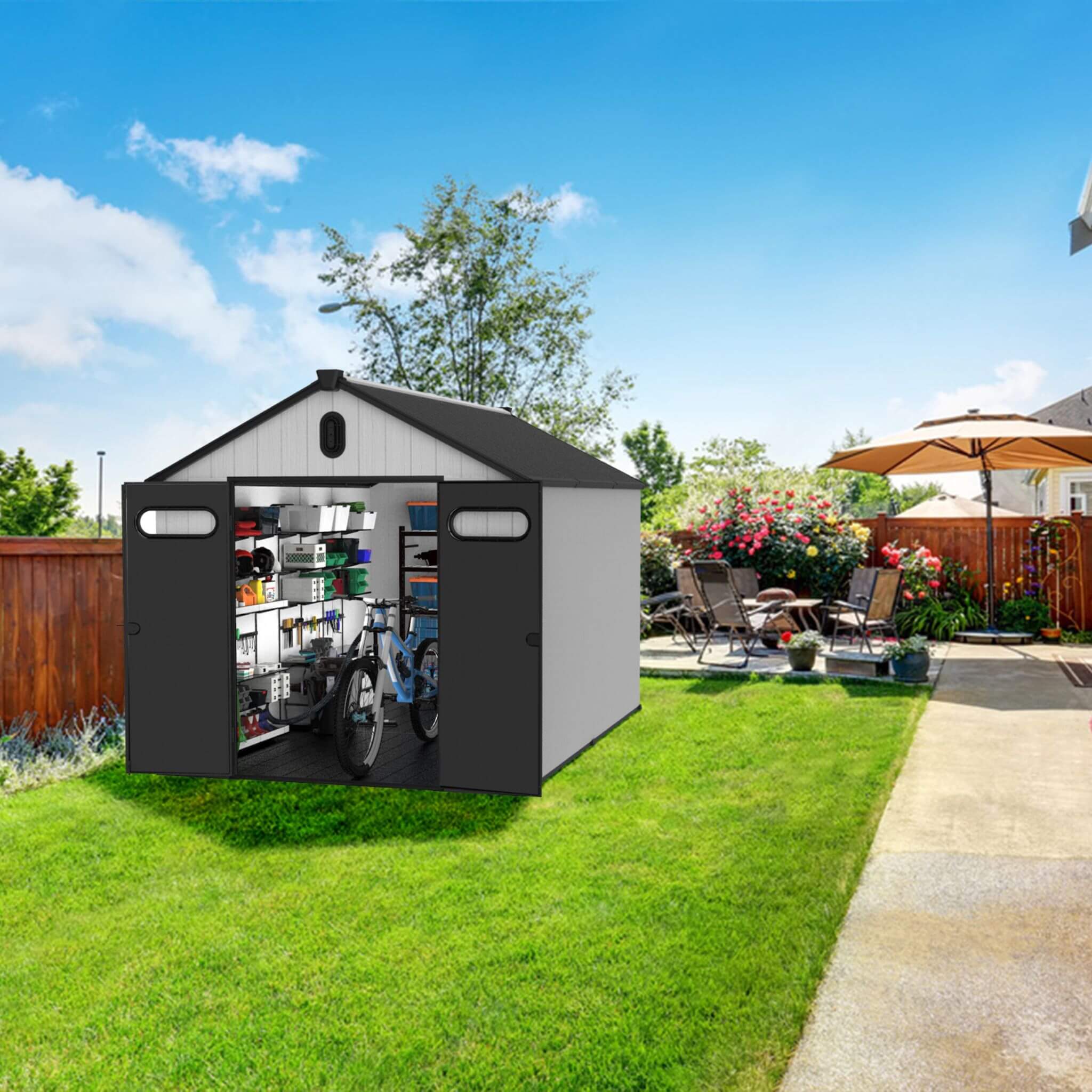 [08X12FT] Large Polypropylene Storage Shed With Reinforced Floor And Lockable Swing Doors (SAK07451) - Energize Trek