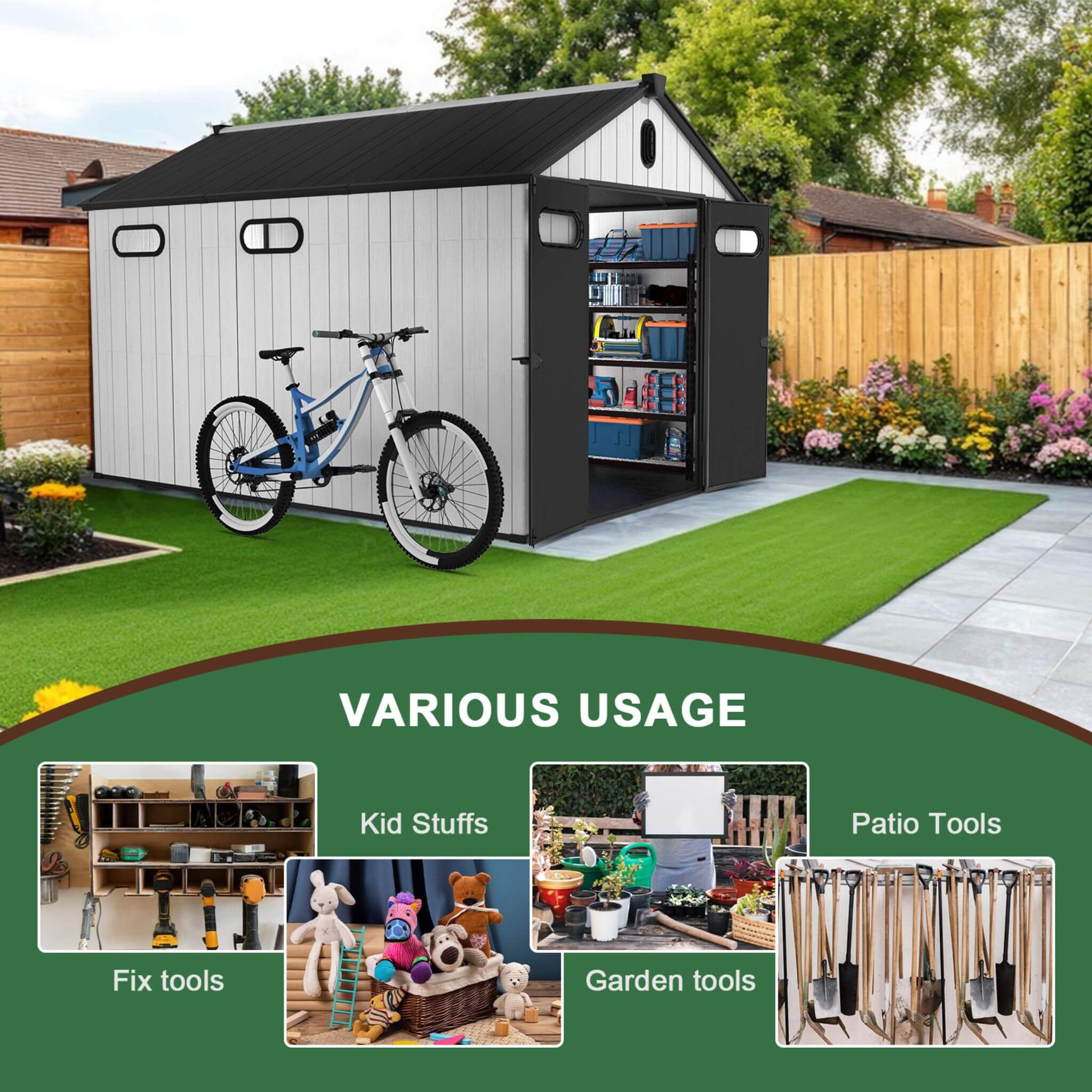 [08X12FT] Large Polypropylene Storage Shed With Reinforced Floor And Lockable Swing Doors (SAK07451) - Energize Trek