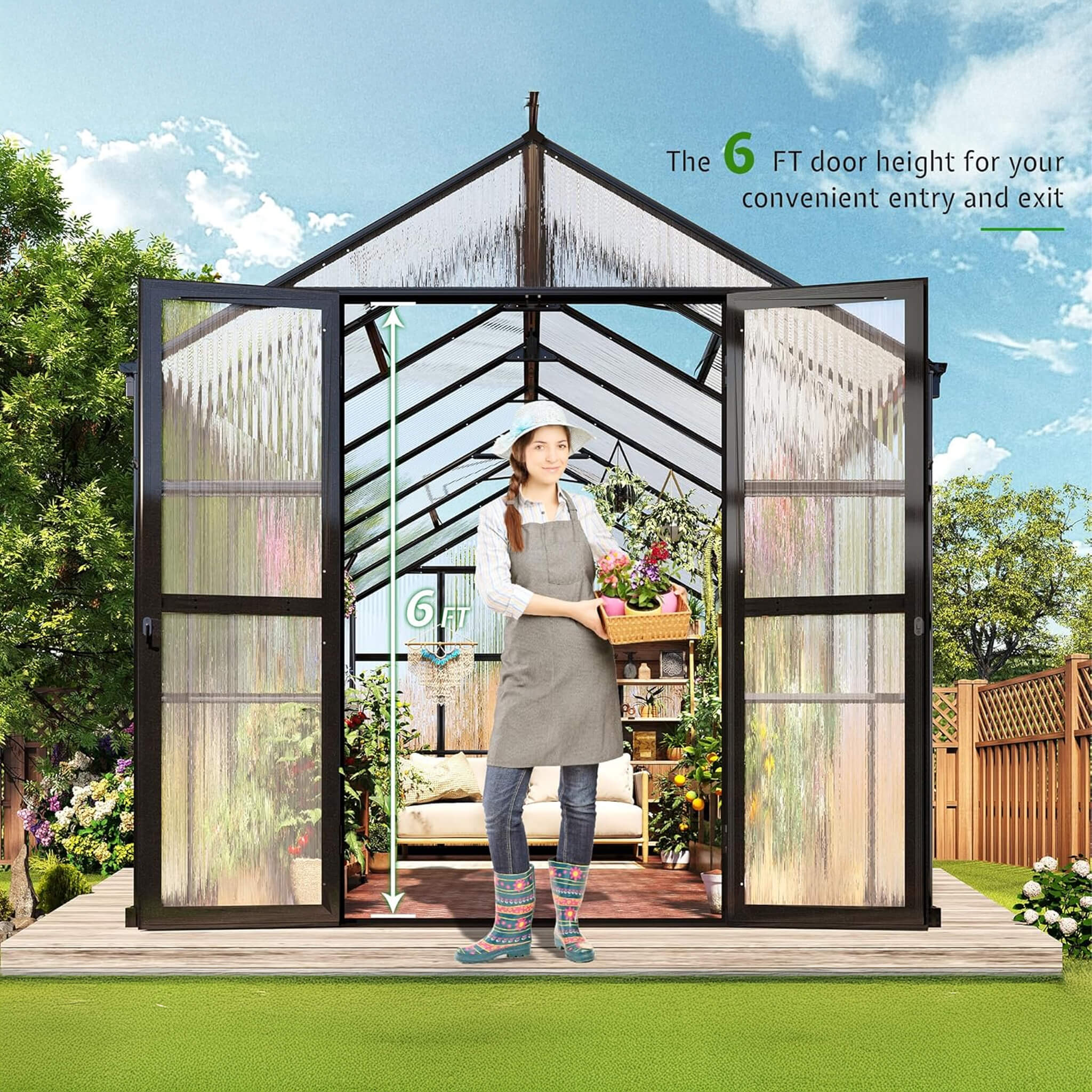 [08x16FT] Premium Polycarbonate Outdoor Walk-In Patio Greenhouse With Double Swing Doors, 4MM (SAK79206) - Energize Trek