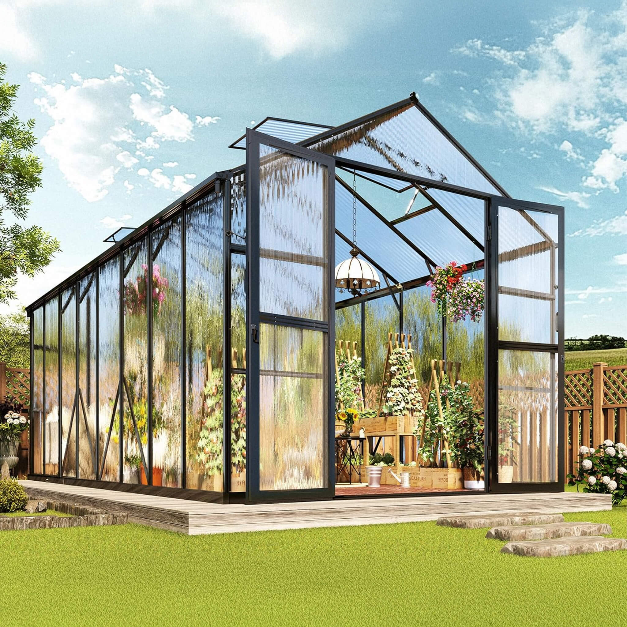 [08x16FT] Premium Polycarbonate Outdoor Walk-In Patio Greenhouse With Double Swing Doors, 4MM (SAK79206) - Energize Trek