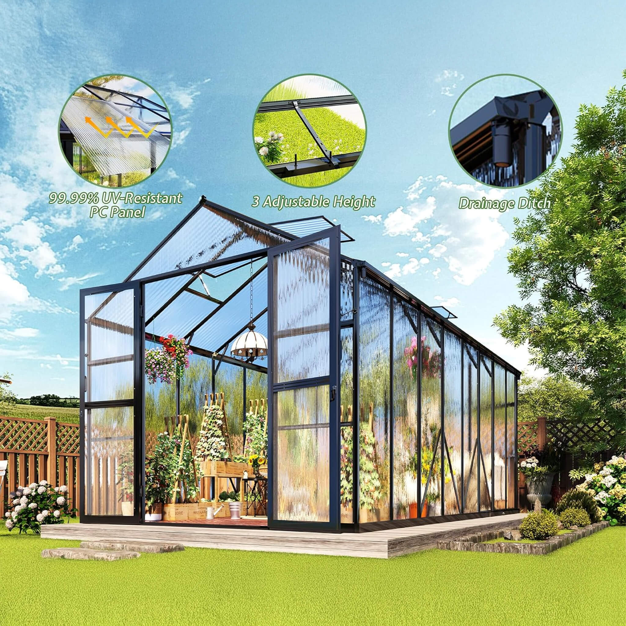 [08x16FT] Premium Polycarbonate Outdoor Walk-In Patio Greenhouse With Double Swing Doors, 4MM (SAK79206) - Energize Trek