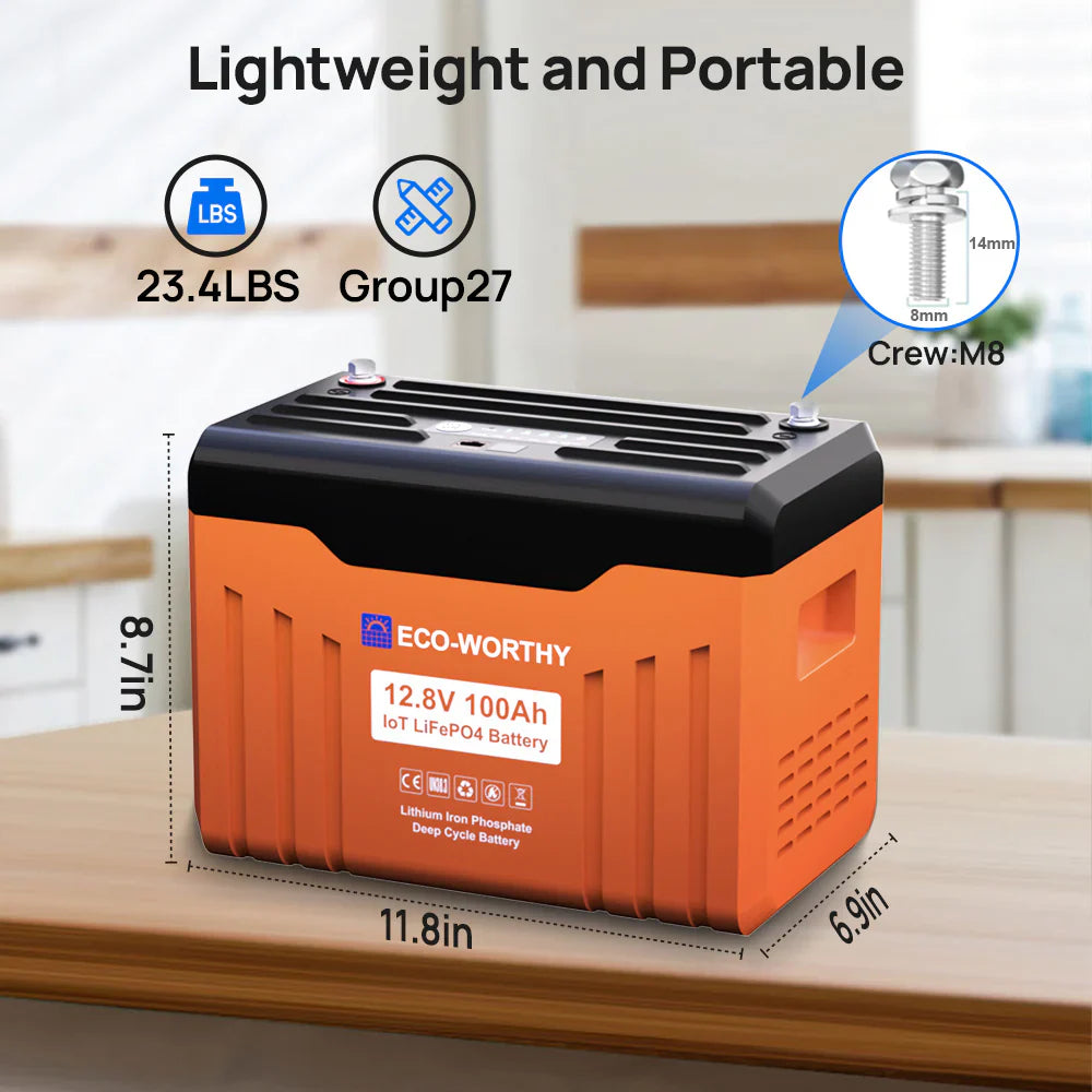 ECO-WORTHY 12V 100AH Lithium Battery with Battery Status Display and 100A BMS with Low-Temp Protection - Energize Trek