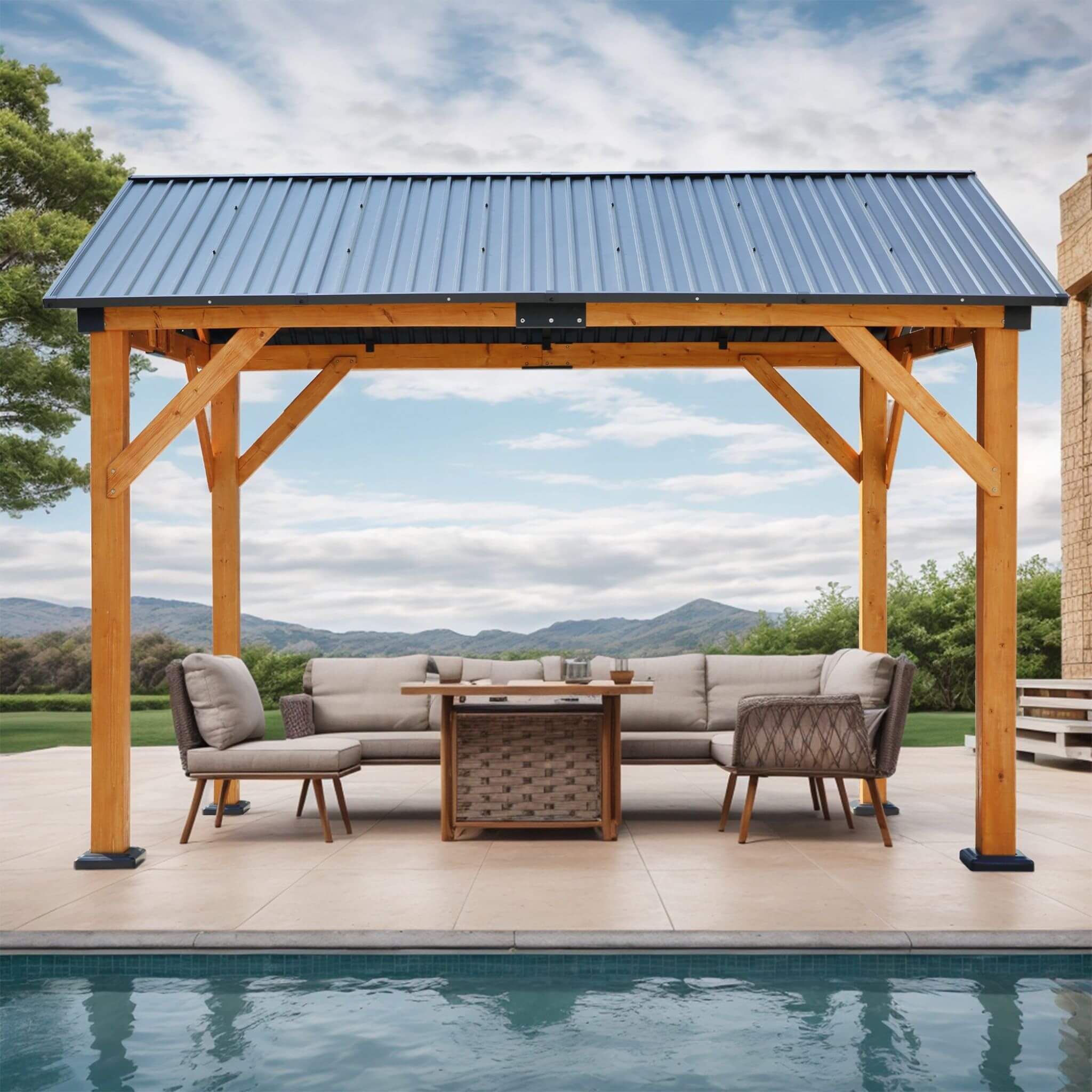 [09X11] Heavy Duty All-Weather Hard Top Wooden Carport Gazebo With Galvanized Steel Roof (SAK39187) - Energize Trek