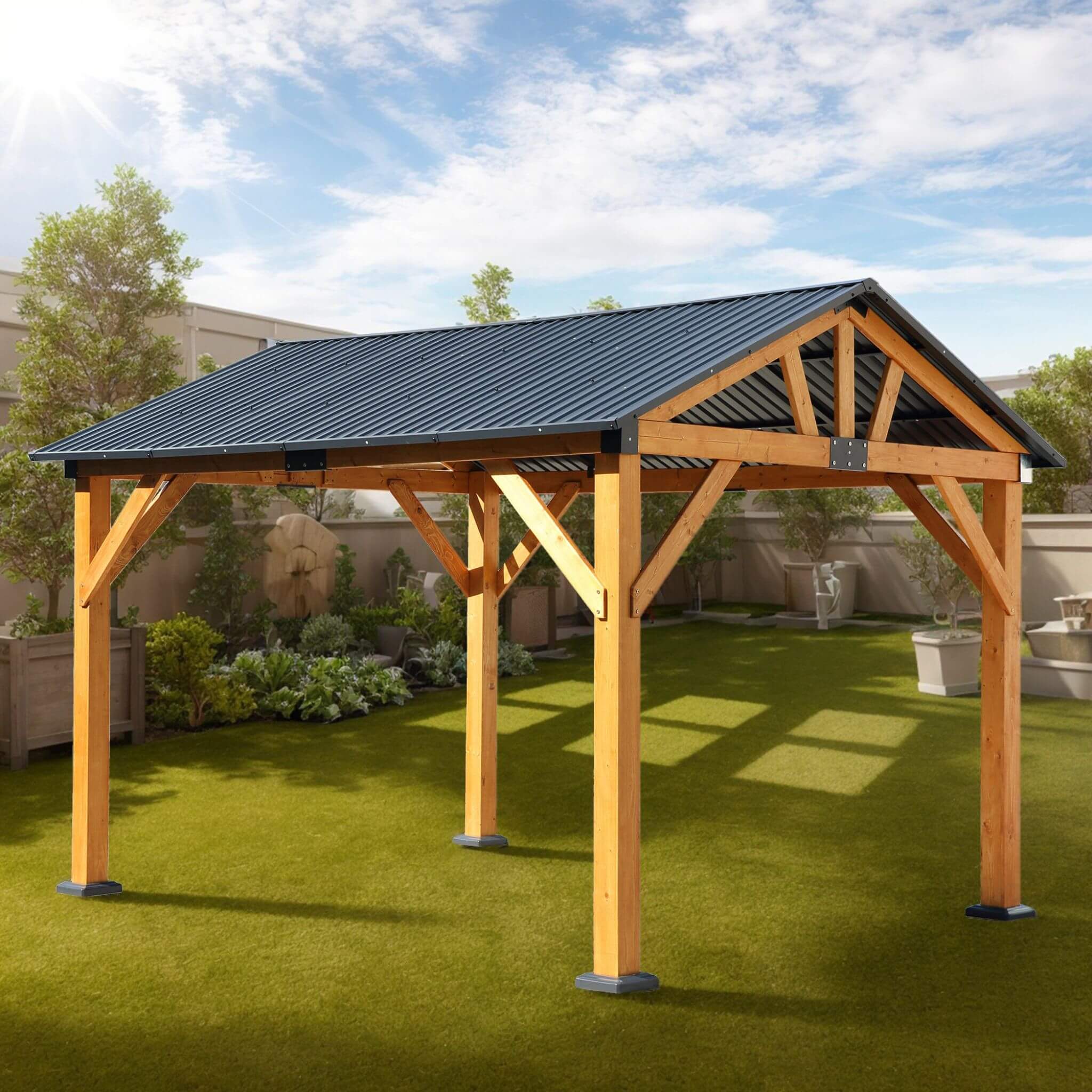 [09X11] Heavy Duty All-Weather Hard Top Wooden Carport Gazebo With Galvanized Steel Roof (SAK39187) - Energize Trek