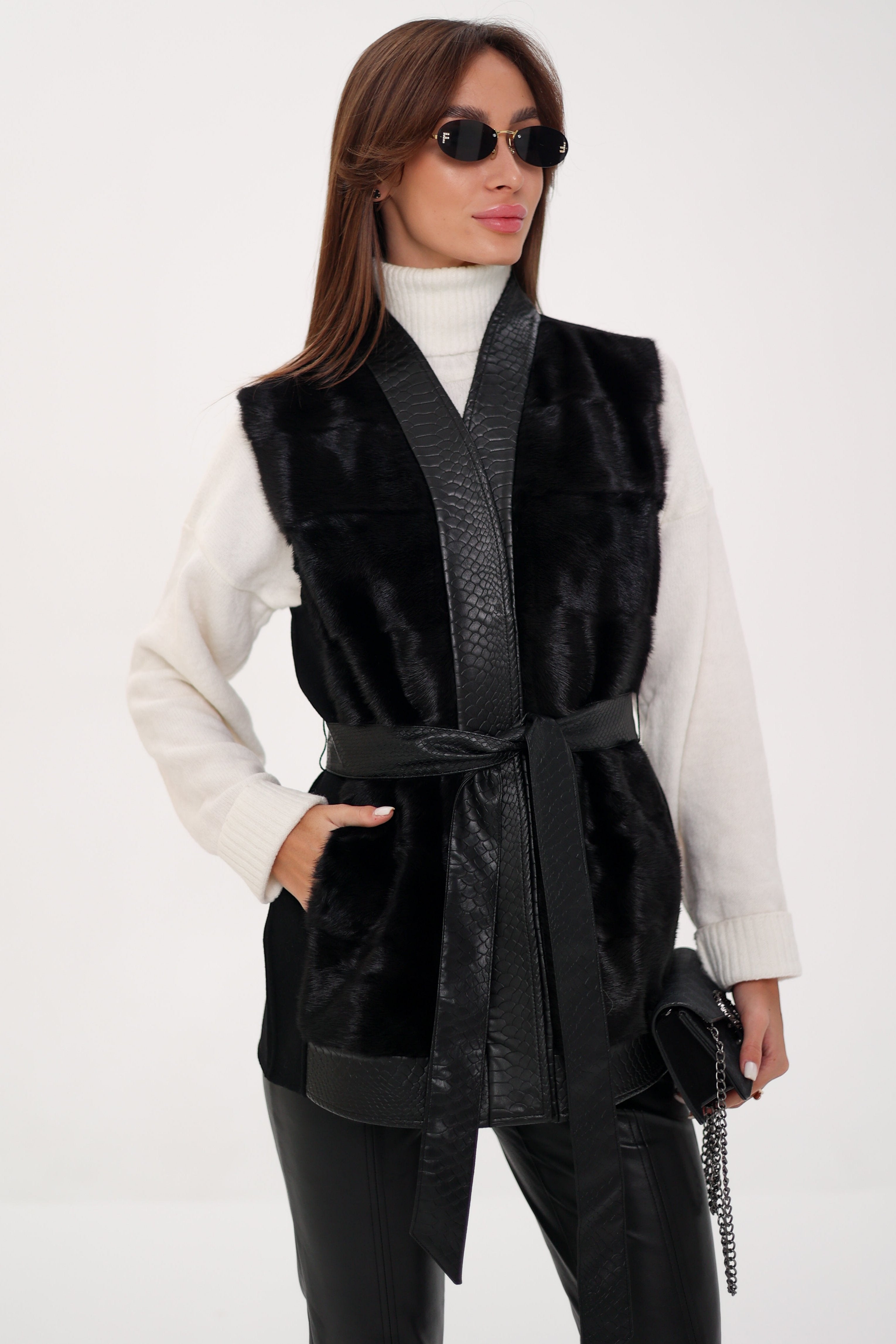 Genuine Mink Fur Leather Trim Wool Vest - Energize Trek