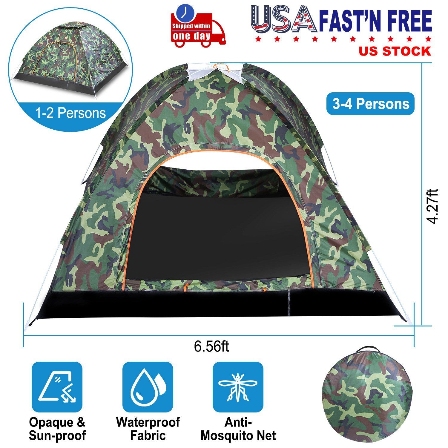 1/2 Person Instant Pop Up Dome Tent Waterproof Camping Tent w/Mosquito Net Doors Bags - Energize Trek