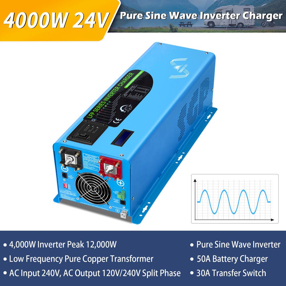 4000W DC 24V Split Phase Pure Sine Wave Inverter With Charger - Energize Trek