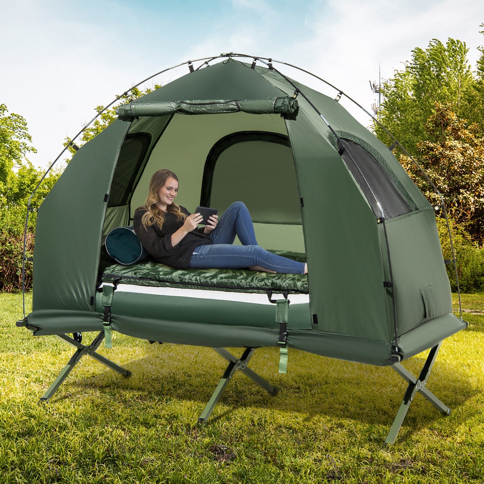 1-Person Folding Camping Tent with Sunshade and Air Mattress - Energize Trek