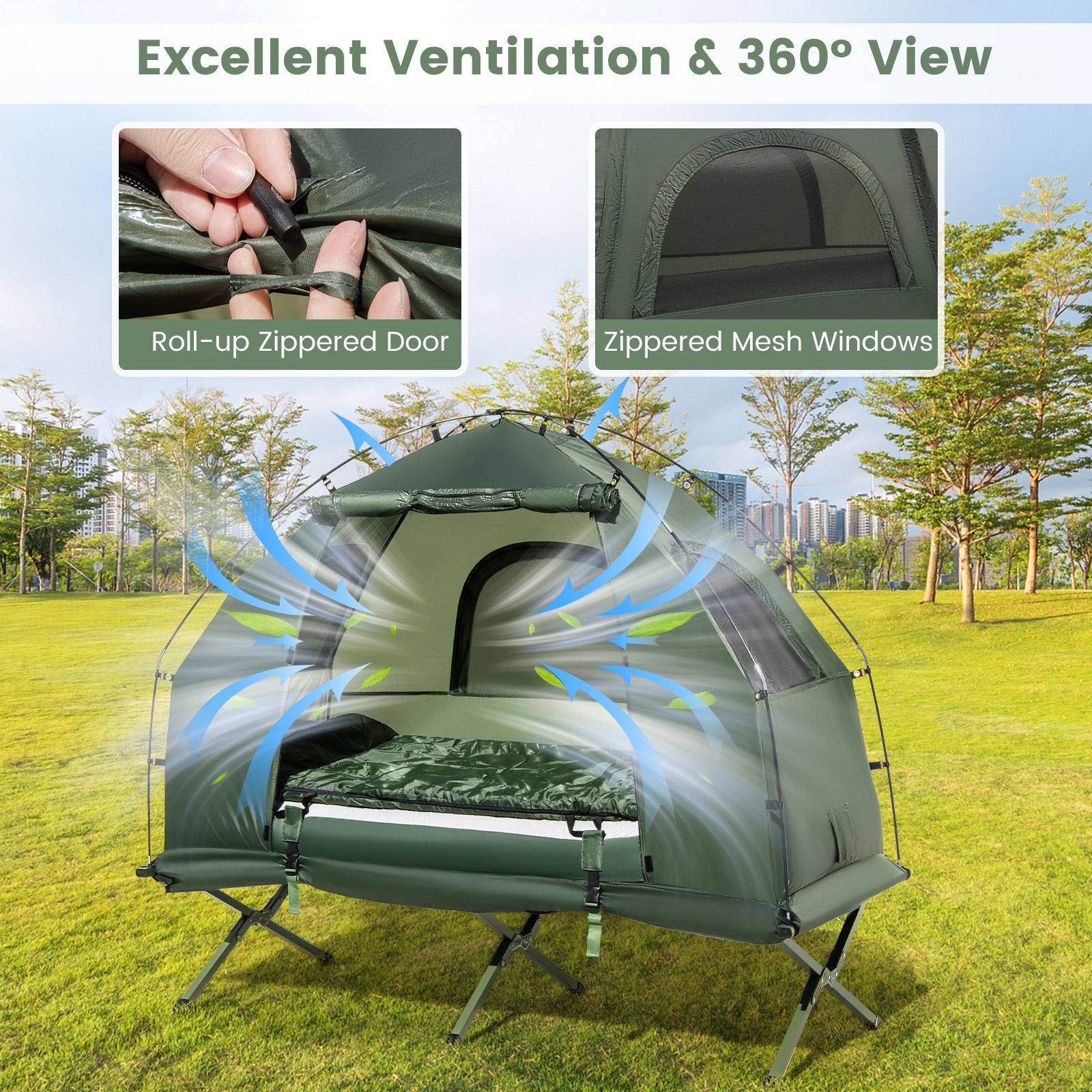 1-Person Folding Camping Tent with Sunshade and Air Mattress - Energize Trek