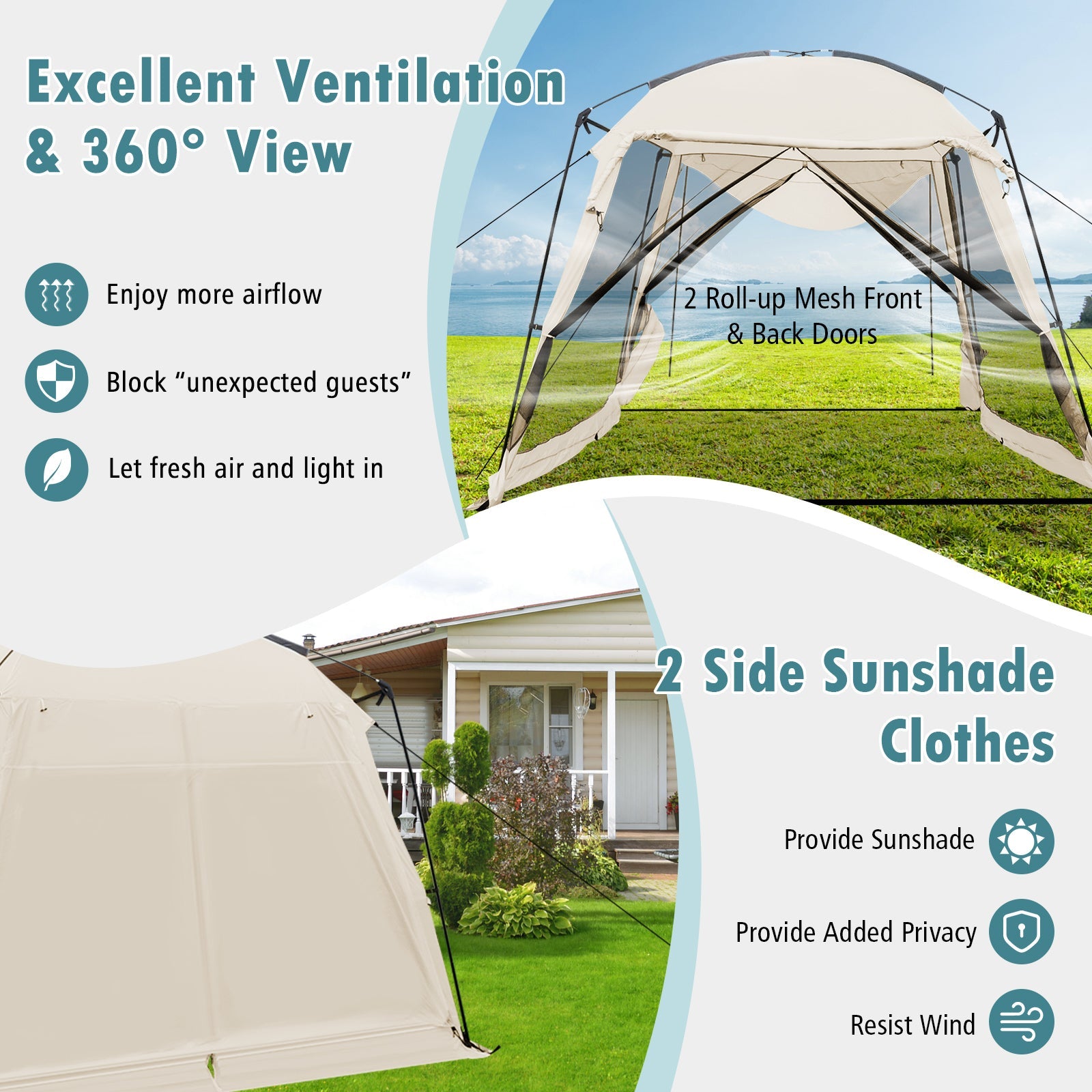10 x 10 Feet Screened Canopy Tent w/ Vestibule and Zippered Door-Beige - Energize Trek