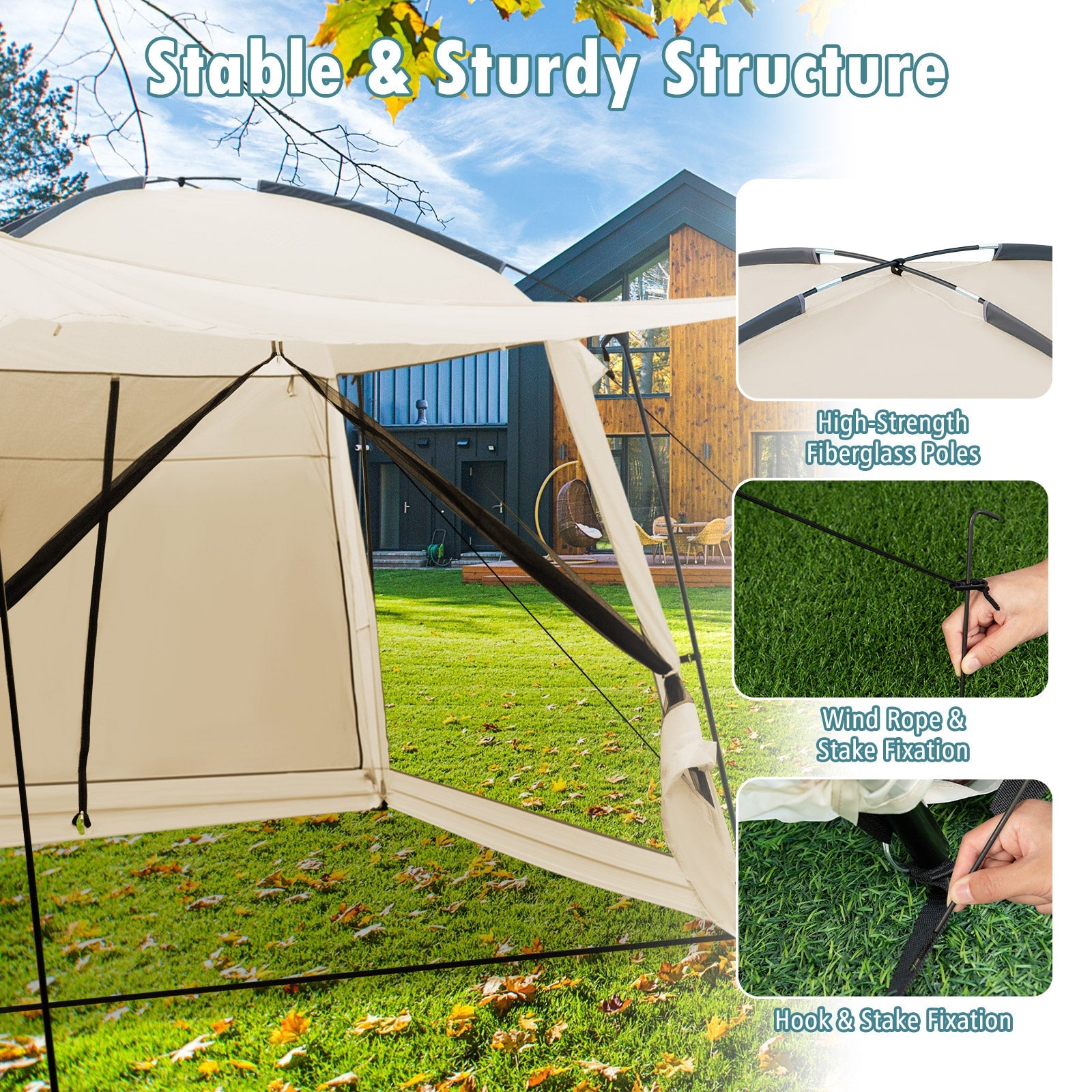 10 x 10 Feet Screened Canopy Tent w/ Vestibule and Zippered Door-Beige - Energize Trek