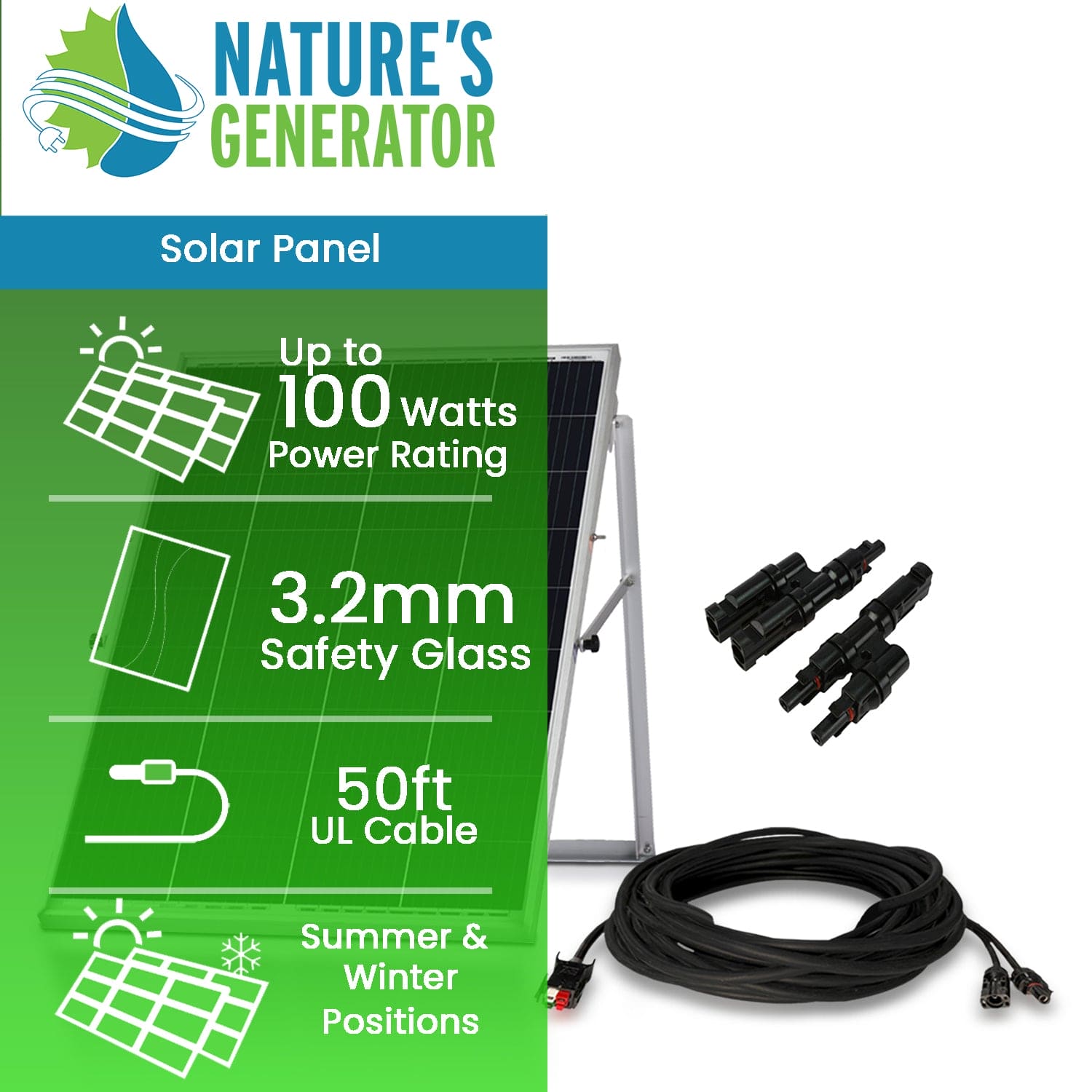 Nature's Generator Power Panel with 50 foot cable and MC4 Branch Connector - Energize Trek