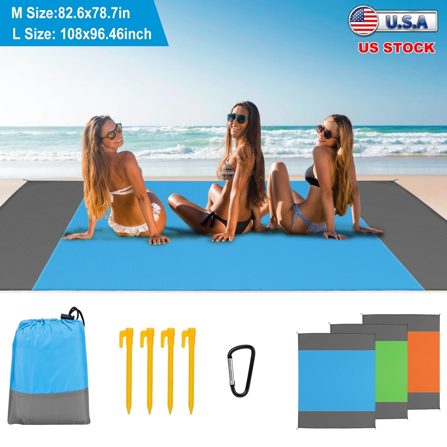 108x96.46in Sand Proof Picnic Blanket Water Resistant Foldable Camping Beach Mat w/ 4 Anchors 1 Carry Bag For 4-6 People - Energize Trek