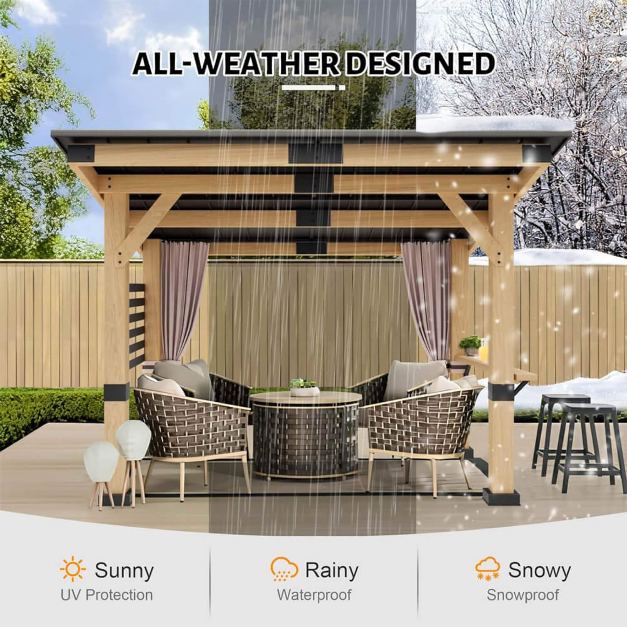 [10x12FT] Heavy Duty Premium Outdoor All-Season Wooden Cedar Hardtop Gazebo With Metal Roof & Back Curtains (SAK57184) - Energize Trek
