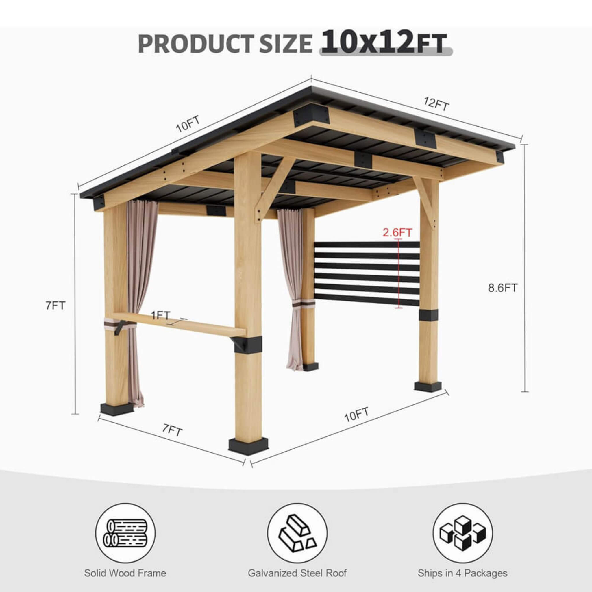 [10x12FT] Heavy Duty Premium Outdoor All-Season Wooden Cedar Hardtop Gazebo With Metal Roof & Back Curtains (SAK57184) - Energize Trek