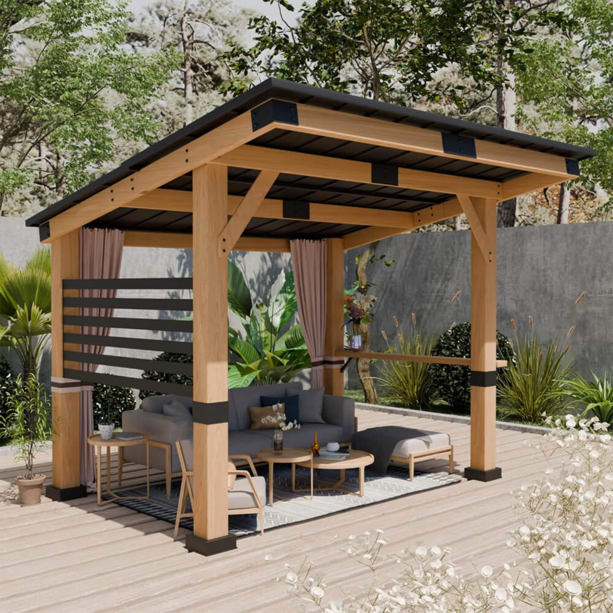 [10x12FT] Heavy Duty Premium Outdoor All-Season Wooden Cedar Hardtop Gazebo With Metal Roof & Back Curtains (SAK57184) - Energize Trek