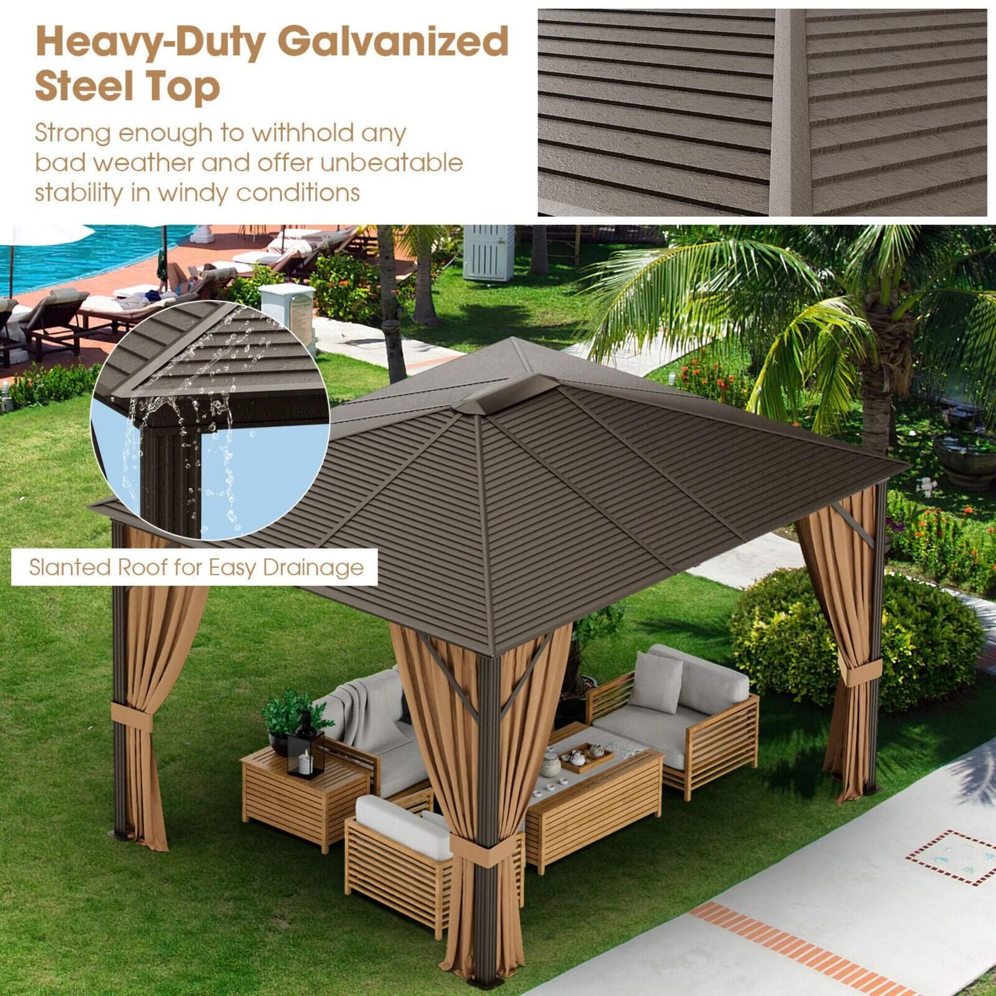 [10X12FT] Premium Outdoor Hardtop Patio Gazebo W/ Galvanized Steel Top & Aluminum Frame (SAK74065) - Energize Trek