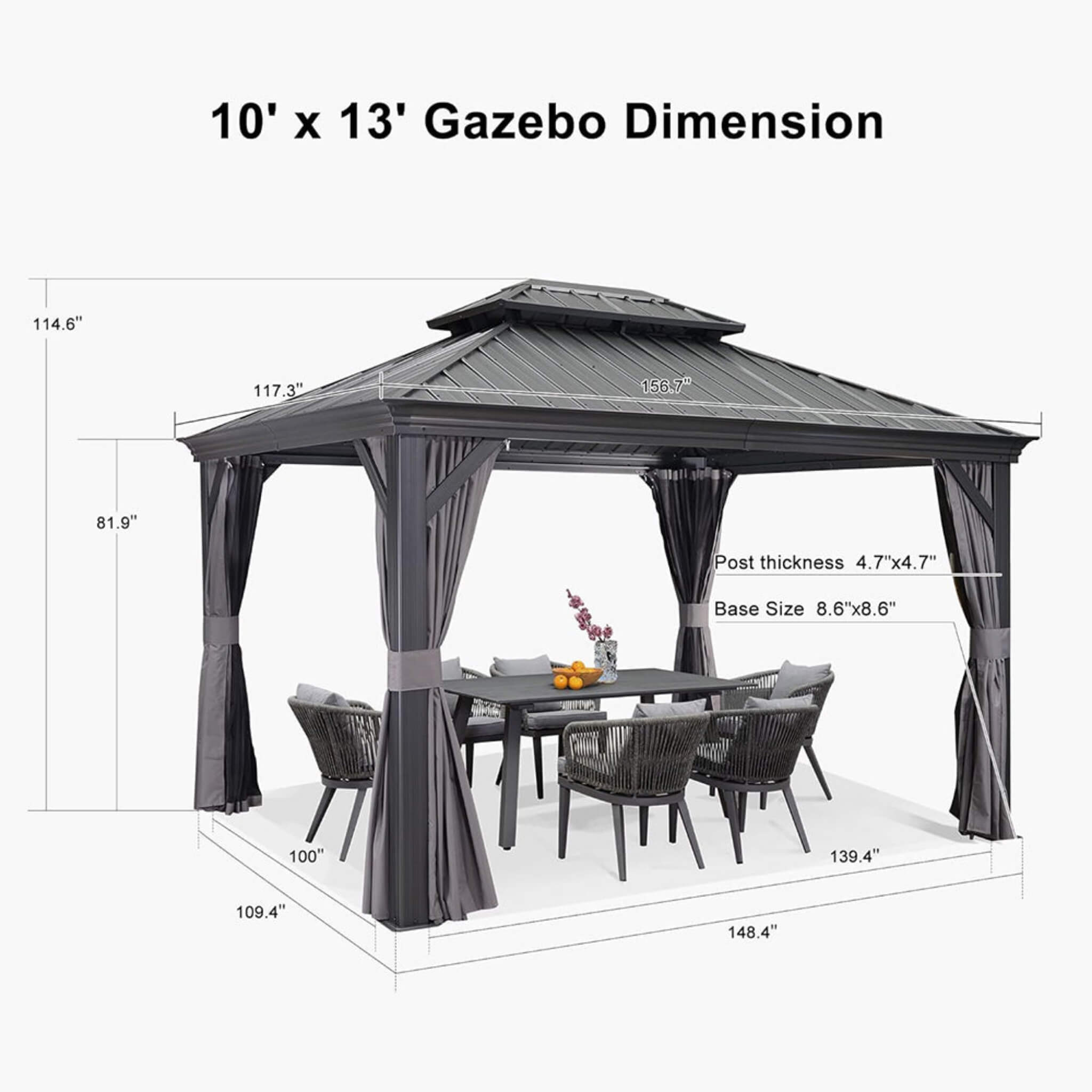 [10x13FT] Large Premium Outdoor Hardtop Aluminum Gazebo With Galvanized Steel Double Roof (SAK74826) - Energize Trek
