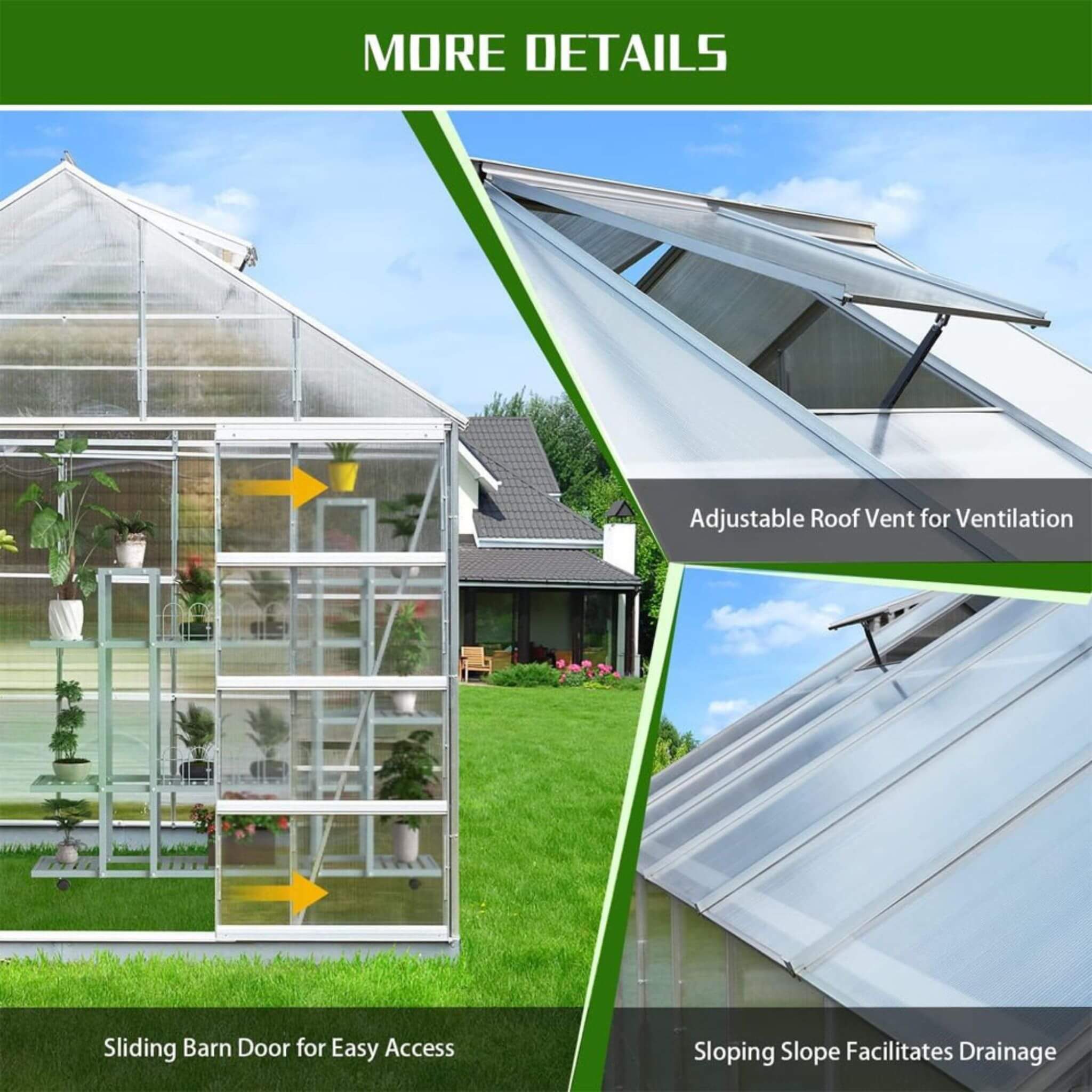 [10x16FT] Extra Large Heavy Duty Backyard Polycarbonate Aluminum Greenhouse With Sliding Doors And Vents (SAK97526) - Energize Trek