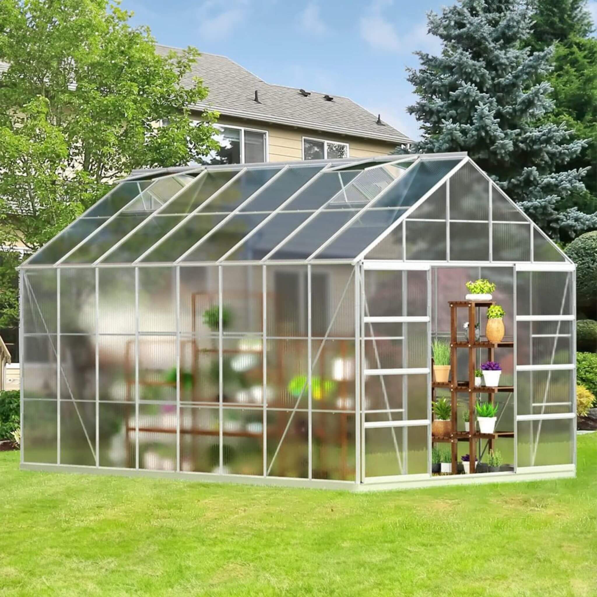 [10x16FT] Extra Large Heavy Duty Backyard Polycarbonate Aluminum Greenhouse With Sliding Doors And Vents (SAK97526) - Energize Trek